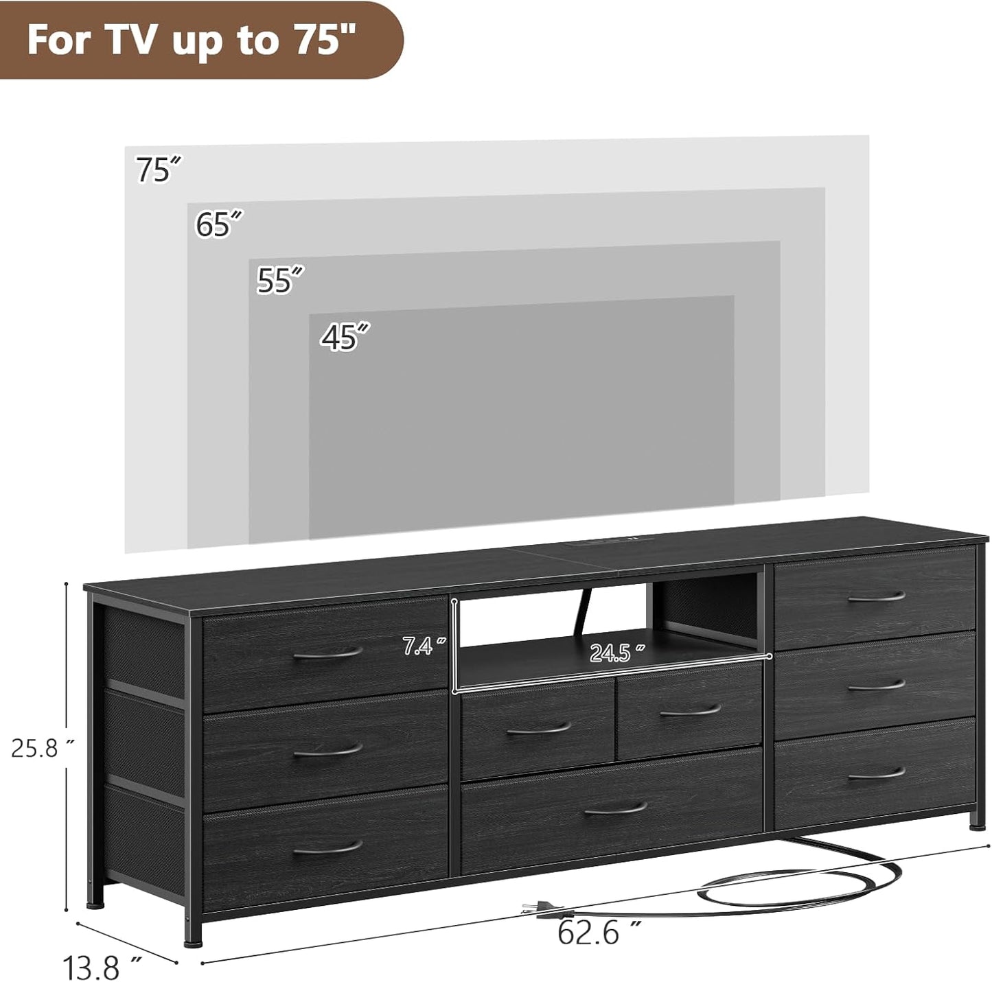 63-Inch TV Stand with Power Outlet and LED Lighting, 9-Drawer Dresser for Bedroom and Entertainment Center for 65"-75" TVs, Black Dresser with Fabric Storage Drawers for Closet Organization