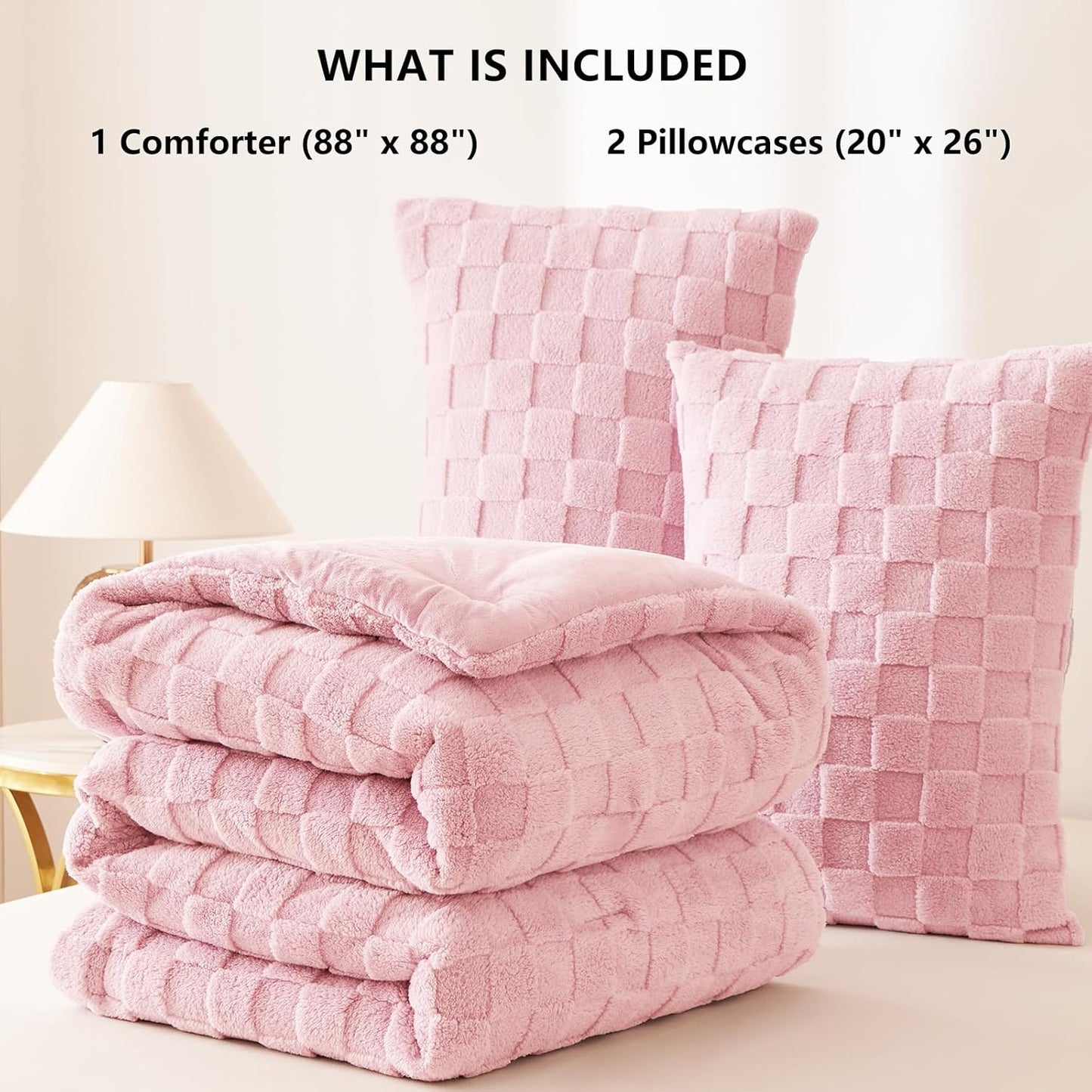 Queen Size Comforter Set Blush Pink, Fluffy Plush Fleece Comforter with Checkered Pattern, Farmhouse Boho Soft Warm Bed Set, 3 Pieces, 1 Comforter and 2 Pillowcases