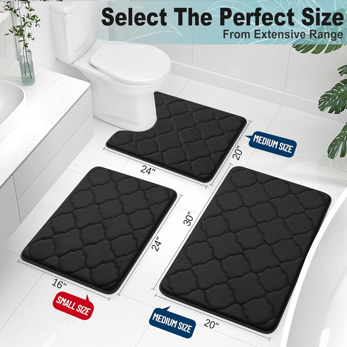 Memory Foam Bath Mat Set of 3 Piece, Bathroom Rugs and Toilet Rug U-Shaped, Ultra Soft and Absorbent, Comfortable, Non-Slip, Machine Washable, Shower and Home Decor Accessories, Black