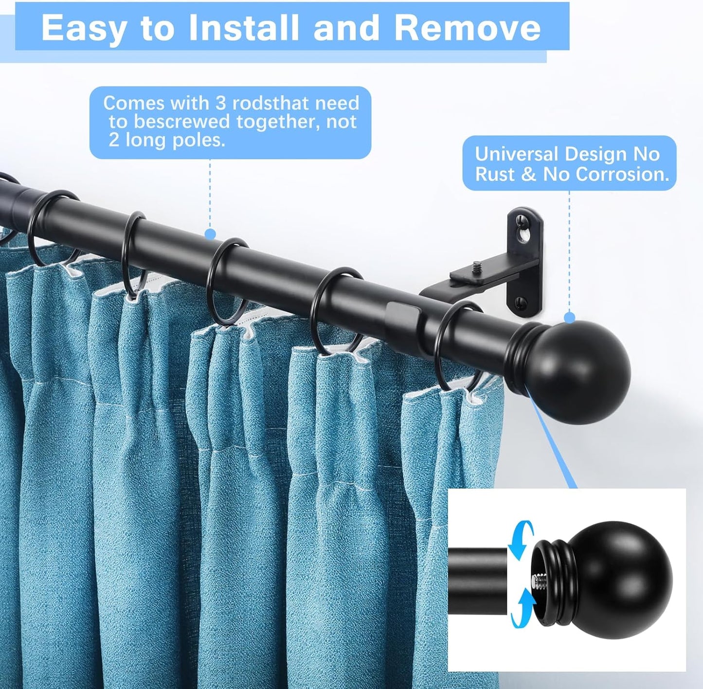 Curtain Rods for Windows 16 to 48 Inches, Curtain Rod Max Adjustable Length of 60 IN, 6/8" Diameter Drapery Rods round Finials, Black, Pack of 1