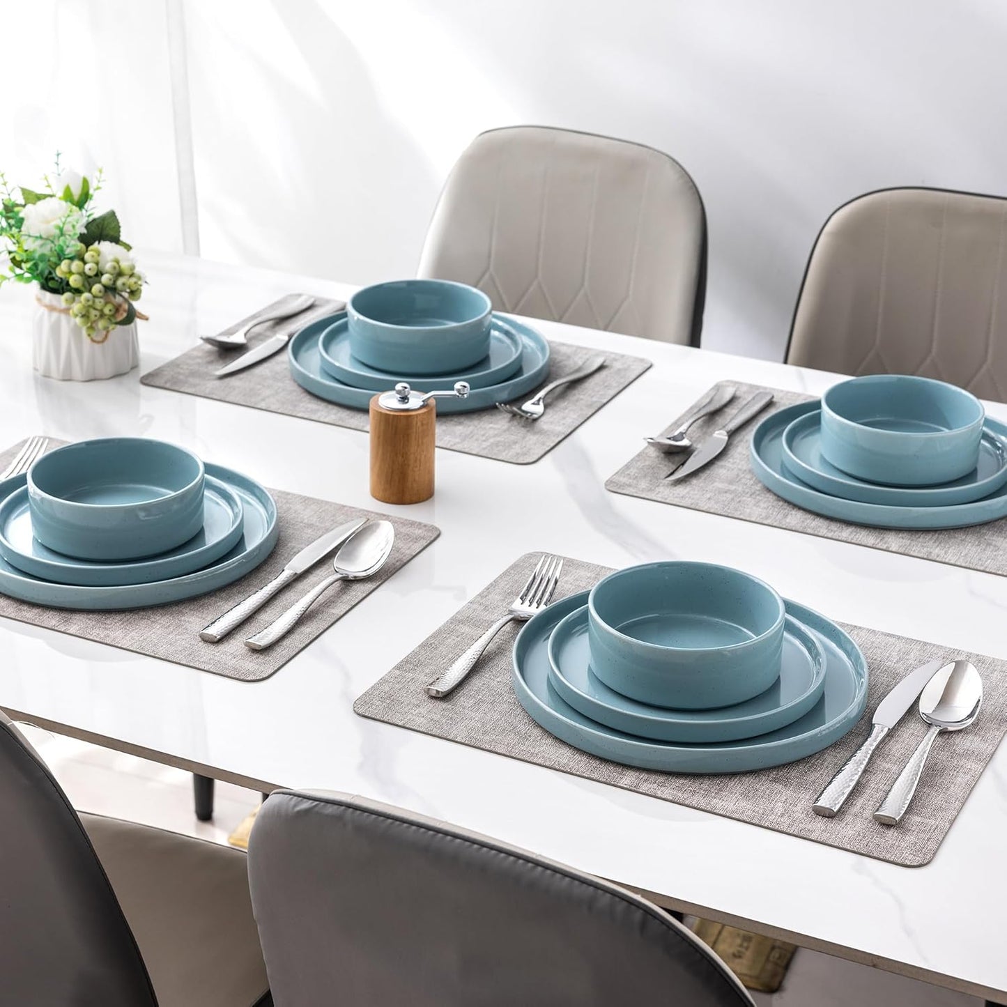 12-Piece Stoneware Dinnerware Set for 4 - Speckled Plates and Bowls with Glazed Bottom, Chip and Scratch Resistant, Dishwasher and Microwave Safe (Stone Blue)