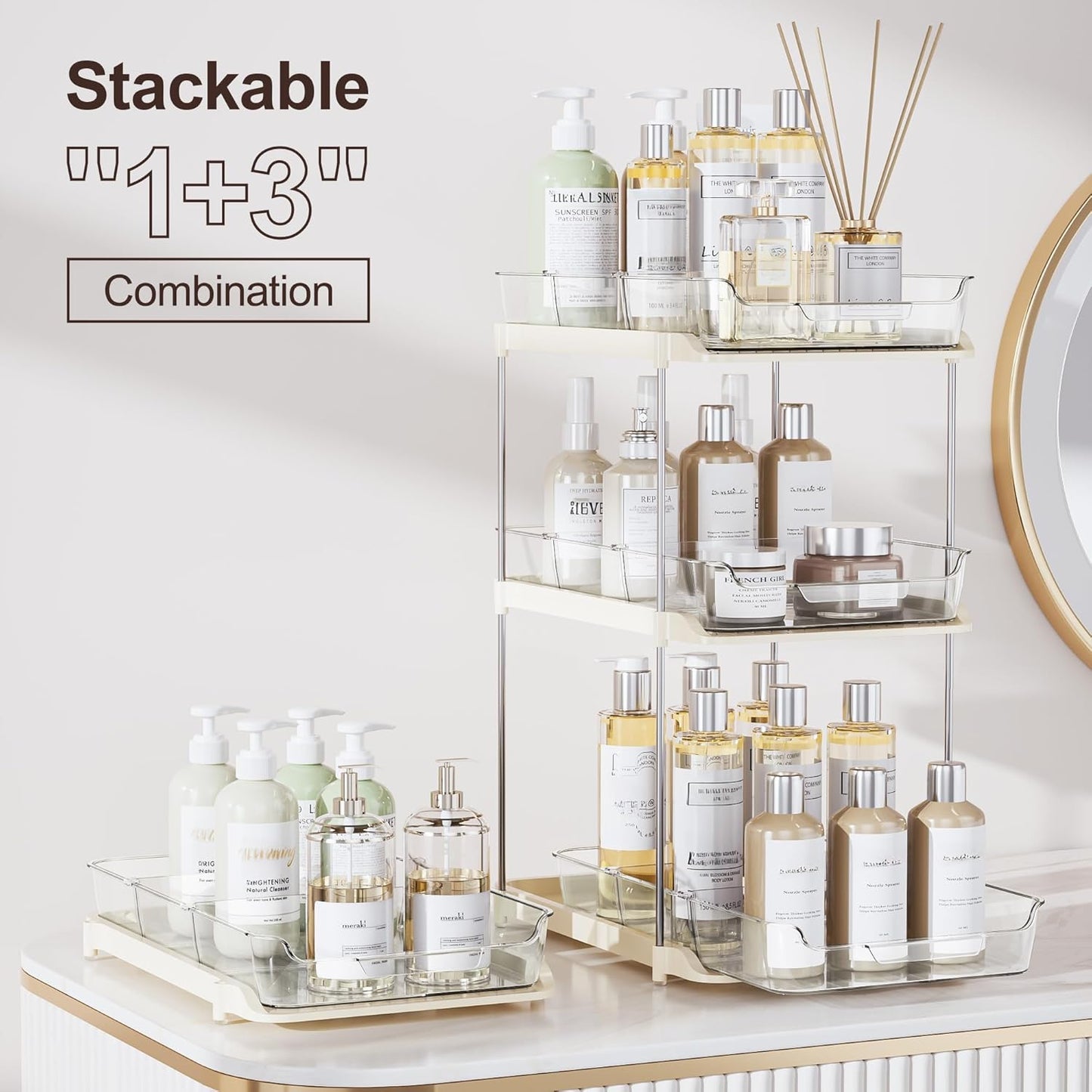 2 Sets of 2-Tier Multi-Purpose Bathroom Cabinet under Sink Organizers and Storage, Stackable Kitchen Pantry Organization and Storage, Beige