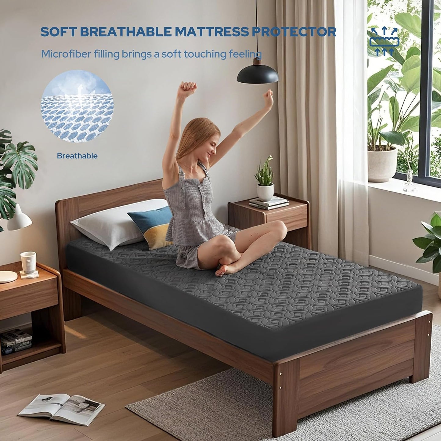 Waterproof Mattress Protector, Twin Size Mattress Pad with Deep Pocket 6"-15" Depth, Soft Breathable Dirt-Proof Single Bed Mattress Cover for Bedroom, Dorm Room (Gray)