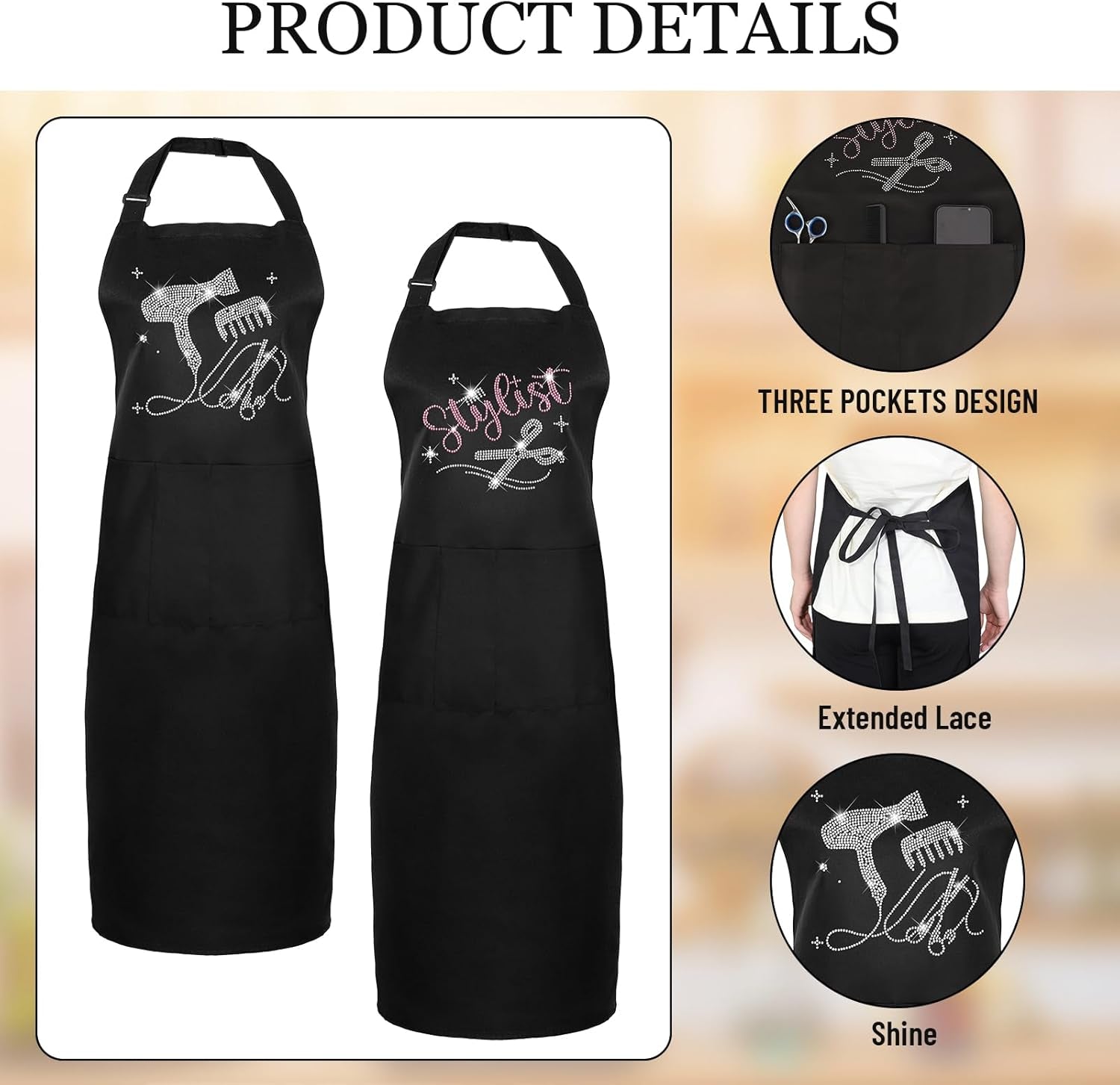 Auidy 6TXD 2Pcs Black Rhinestone Hair Stylist Apron, Classic Design with Three Pockets, Adjustable, Waterproof, Unisex-Adults