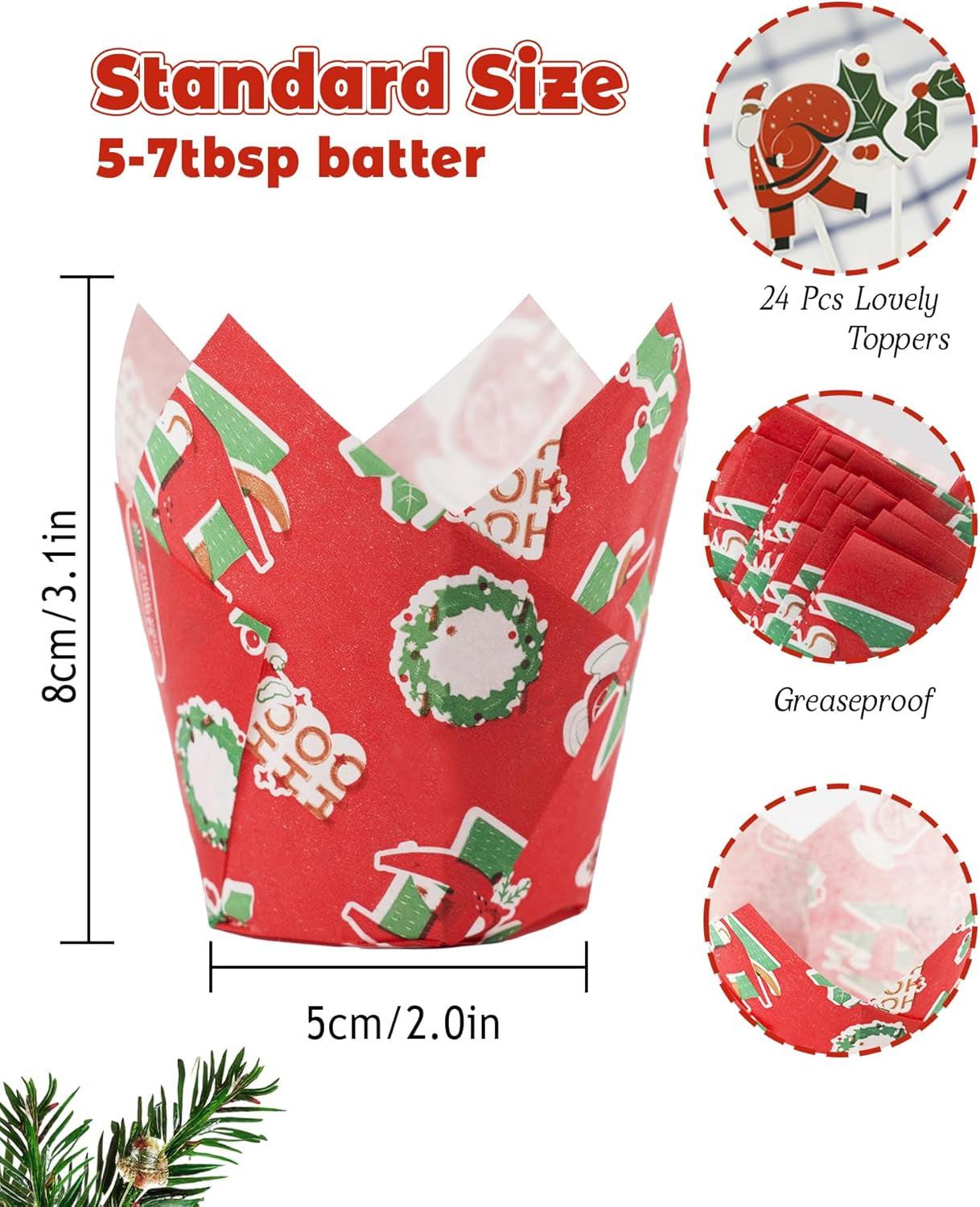 200 Pcs Christmas Tulip Cupcake Liners with 24 Pcs Cupcake Toppers, Cupcake Liners, Tulip Cupcake Liners for Baking, Standard Tulip Muffin Liners for Christmas Holiday