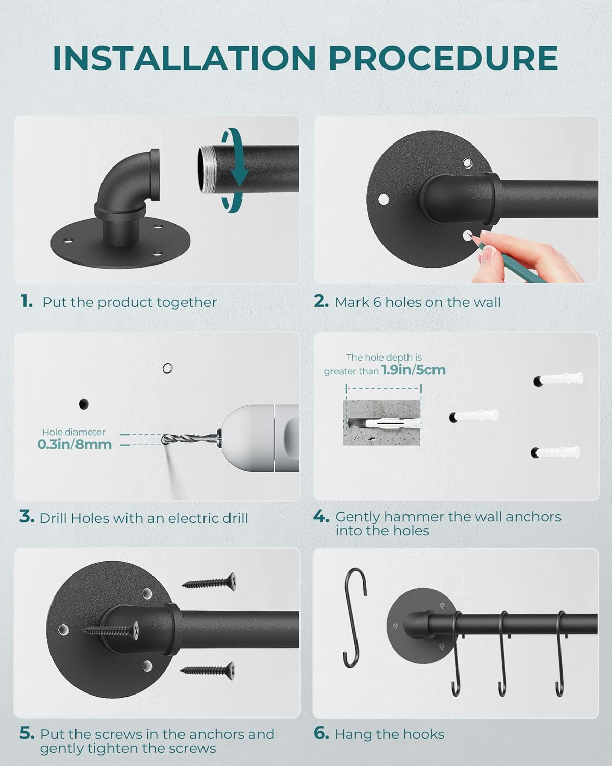 Wall Mounted Pot Pan Rack 21'' Set of 2, Industrial Utensils Wall Hanger Iron Pipe Kitchen Hanging Rail with 10 S Hooks