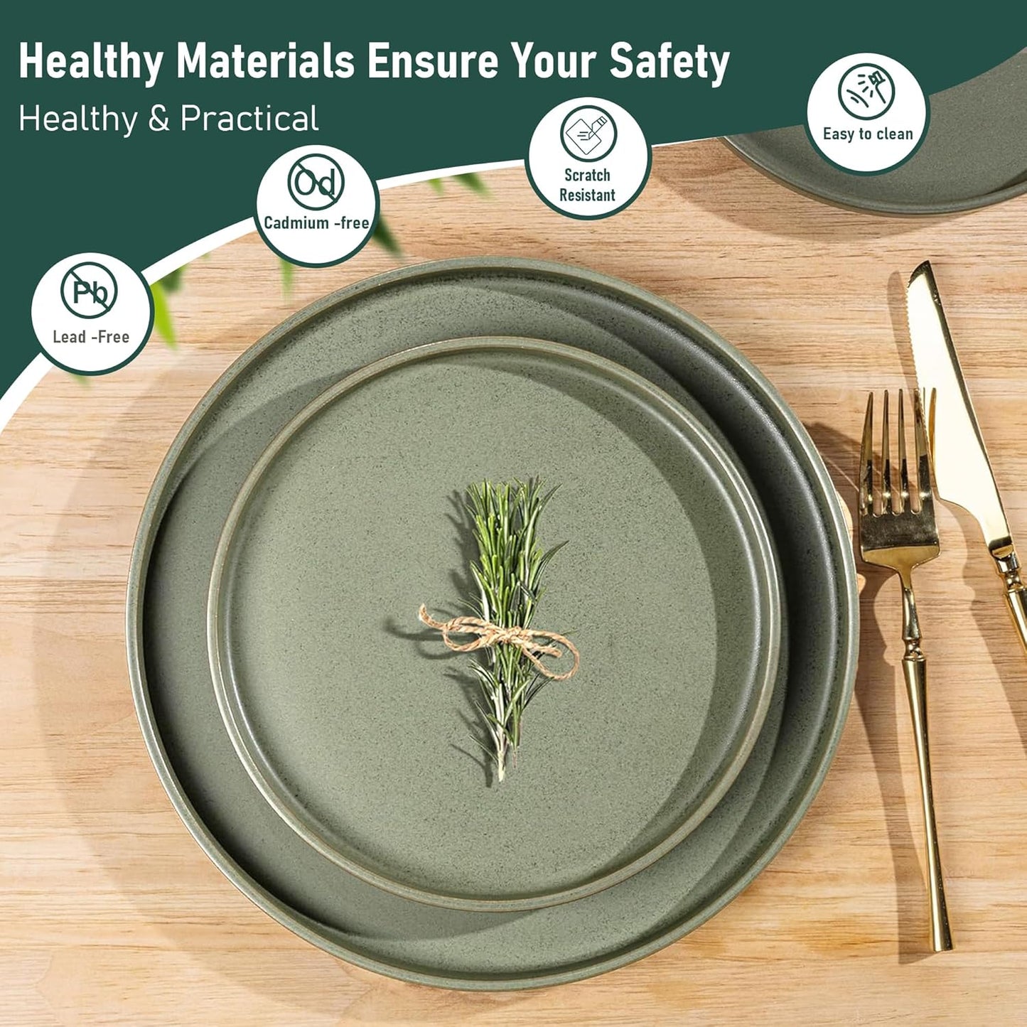 Ceramic Dinnerware Set for Four - Stoneware Plates and Bowls, Chip and Scratch Resistant, Dishwasher, Microwave, and Oven Safe, Reactive Glaze in Green