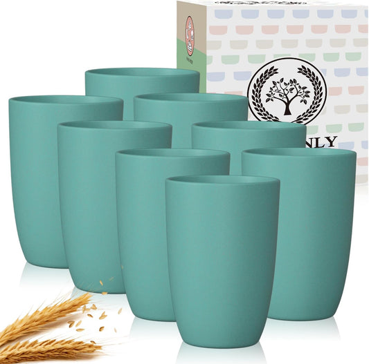 Wheat Straw Drinking Glasses Set - 8 Reusable Unbreakable 20 OZ Cups, Dishwasher and Microwave Safe, Green