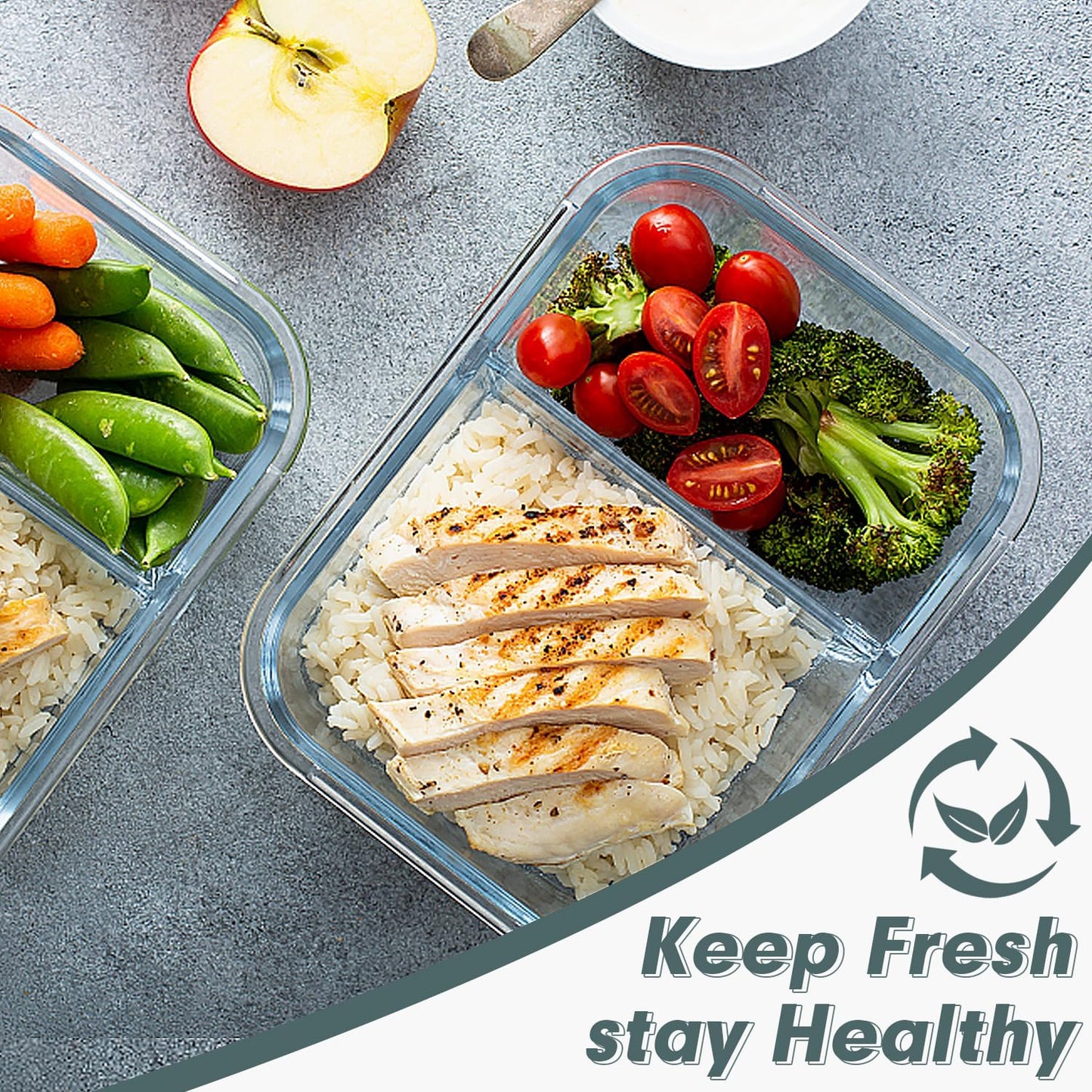 10-Pack 30 OZ Glass Meal Prep Containers with 2 Compartments, Airtight Lids, Microwave, Oven, Freezer, and Dishwasher Safe, Grey