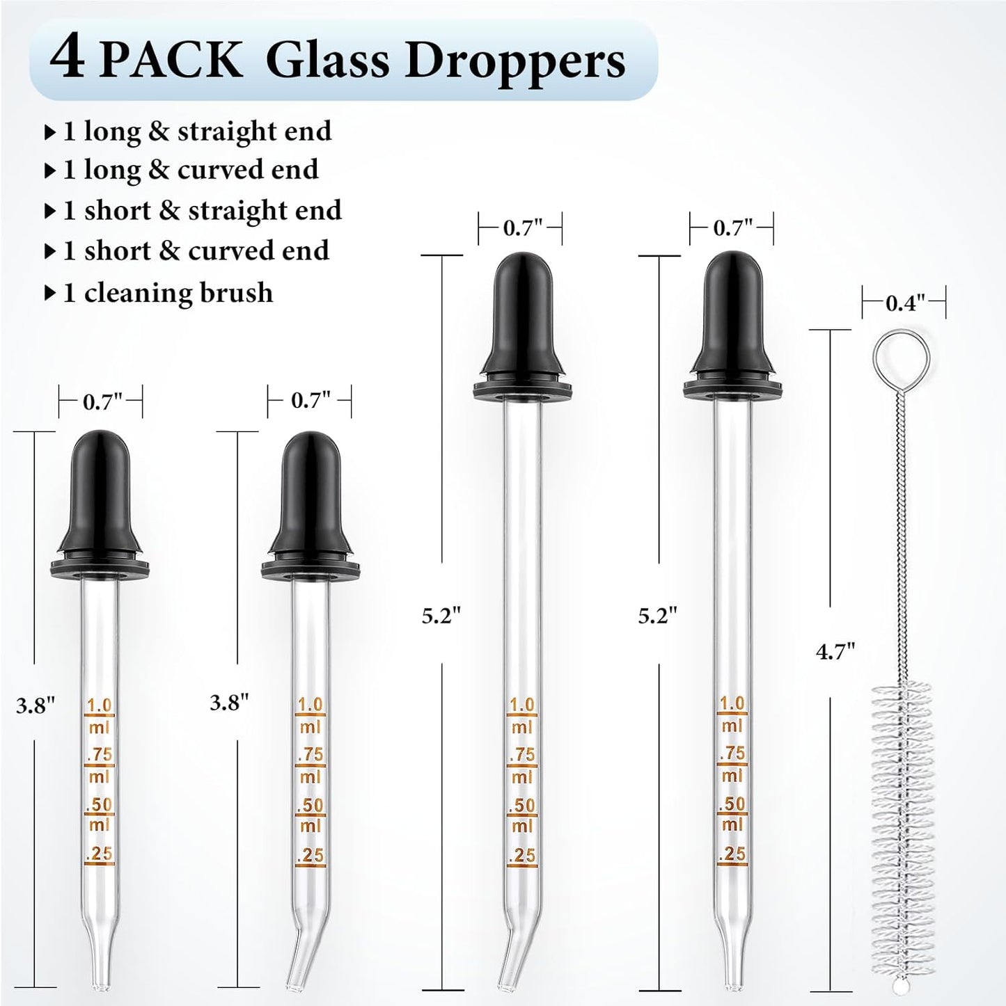 4 Pack 1Ml Glass Eye Dropper with Measurement, Glass Medicine Droppers Tool, Long & Short, Bent & Straight Tip Calibrated Pipettes Dropper, Accurate Dose Dropper Measurer for Essential Oils Ear Lab