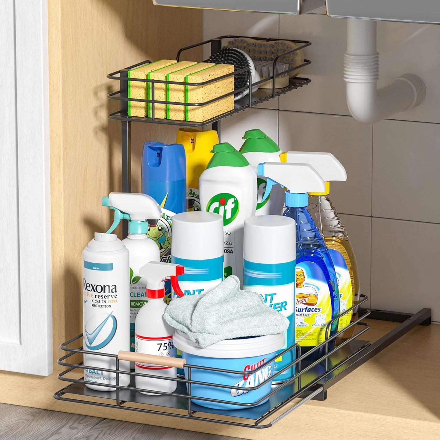 under Sink Organizers and Storage, 2 Tier Bathroom Kitchen Cabinet Organizers, Pull Out under Sink Storage Kitchen Shelf Organizer for under Counter Storage