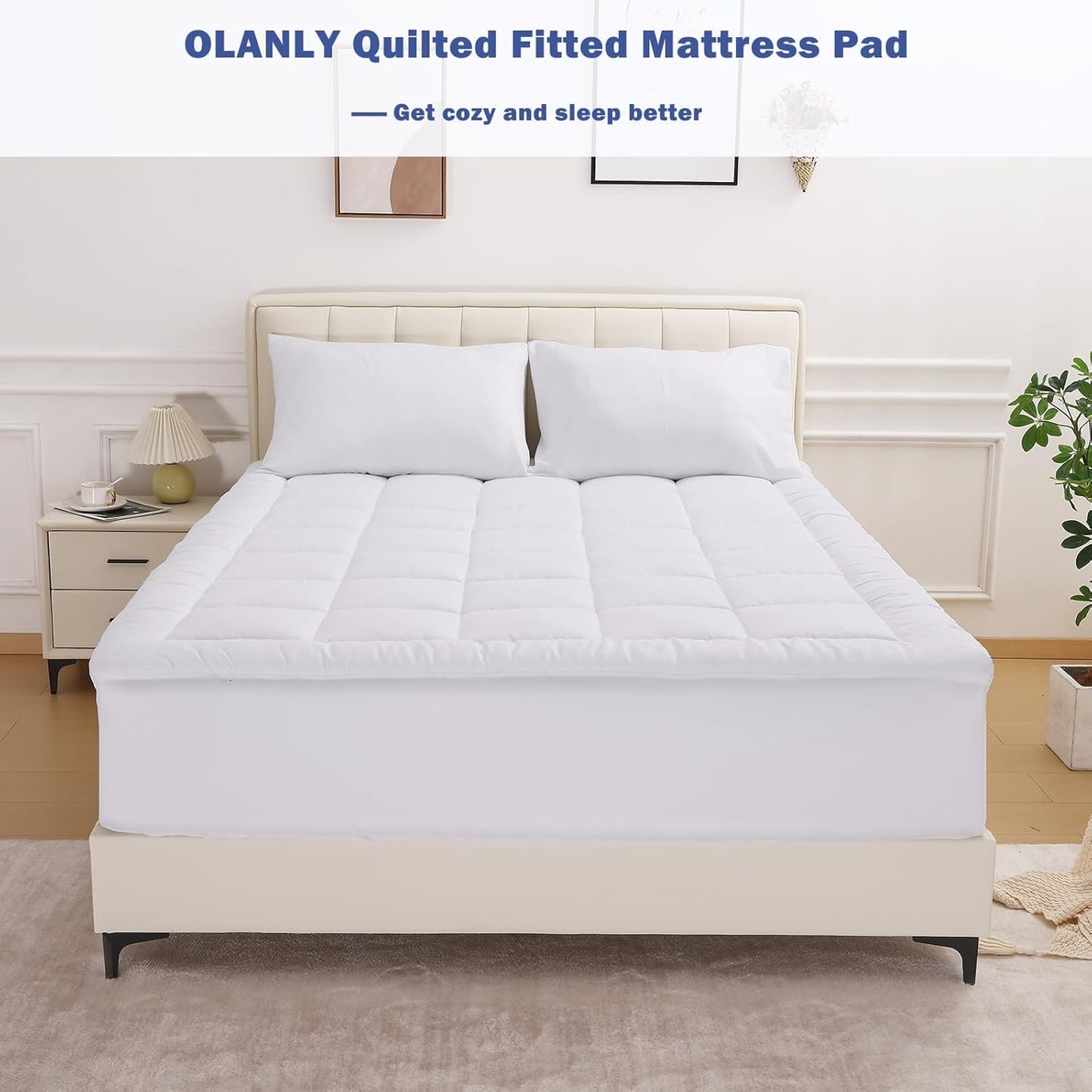 Queen Quilted Fitted Mattress Pad, Elastic Fitted Mattress Topper, Cooling Soft Mattress Cover Stretches up to 21 Inches Deep, Machine Washable Mattress Protector (60X80 Inch, White)