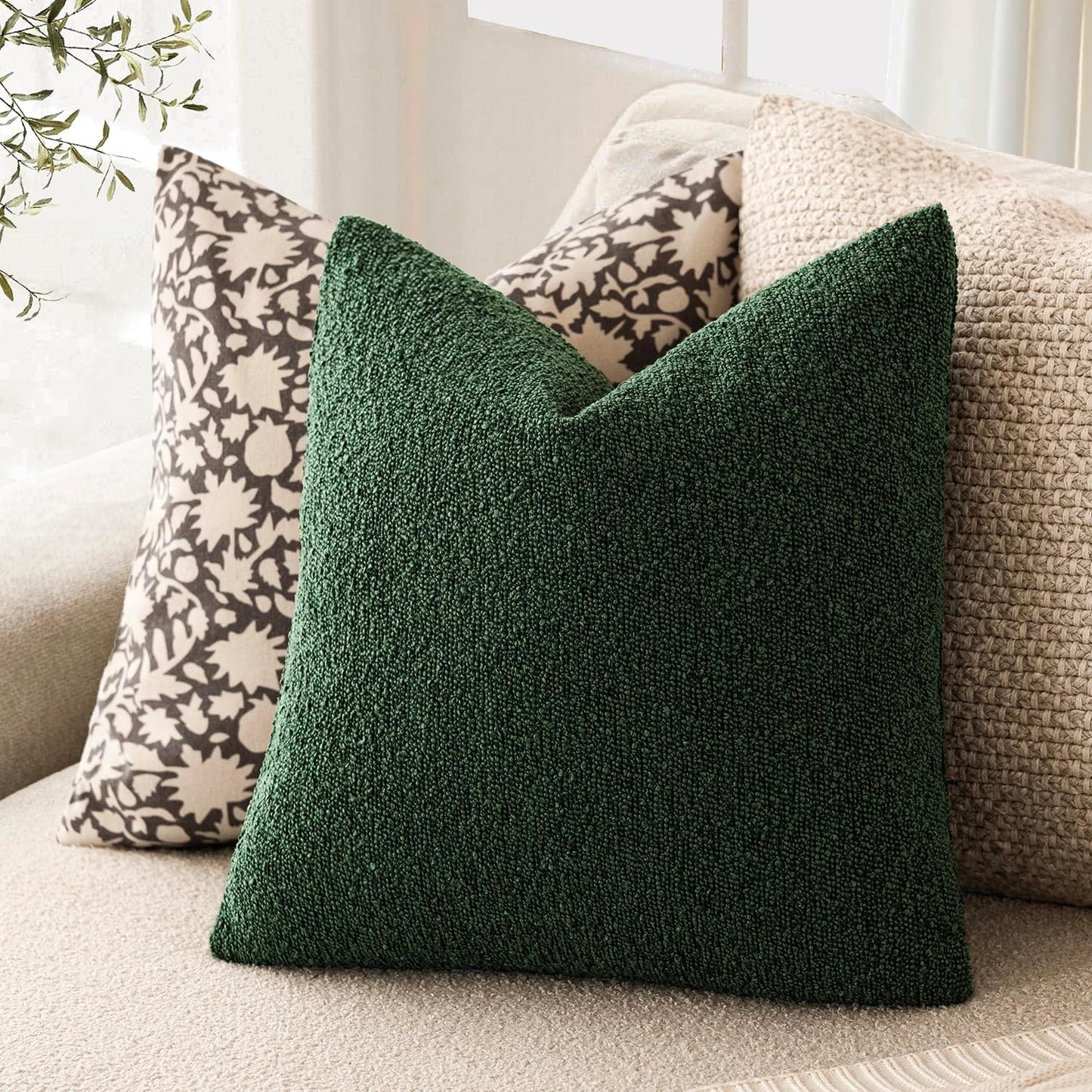 Decorative Textured Boucle Throw Pillow Covers Accent Solid Pillow Cases Neutral Soft Cozy Couch Cushion Case for Chair Sofa Bedroom Living Room Home Decor 16X16 Inch,1Pc,Pine Green