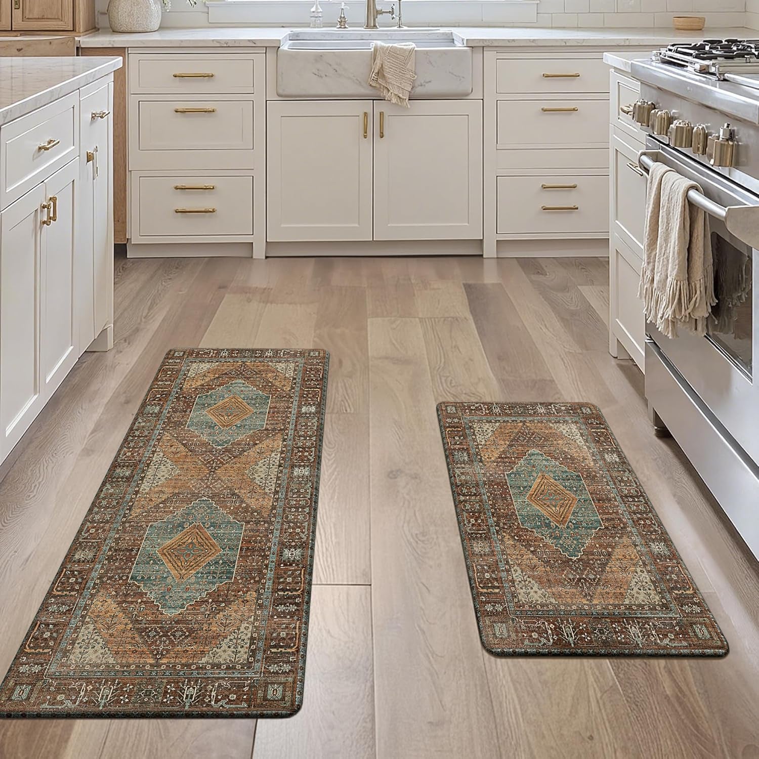 Kitchen Mats for Floor 2Pcs, Washable anti Fatigue Mat for Cushioned, 17.3"X47"+17.3"X30", Waterproof Kitchen Rugs, Non Slip Comfort Standing Mat Rug for Home, Sink, Laundry, Brick