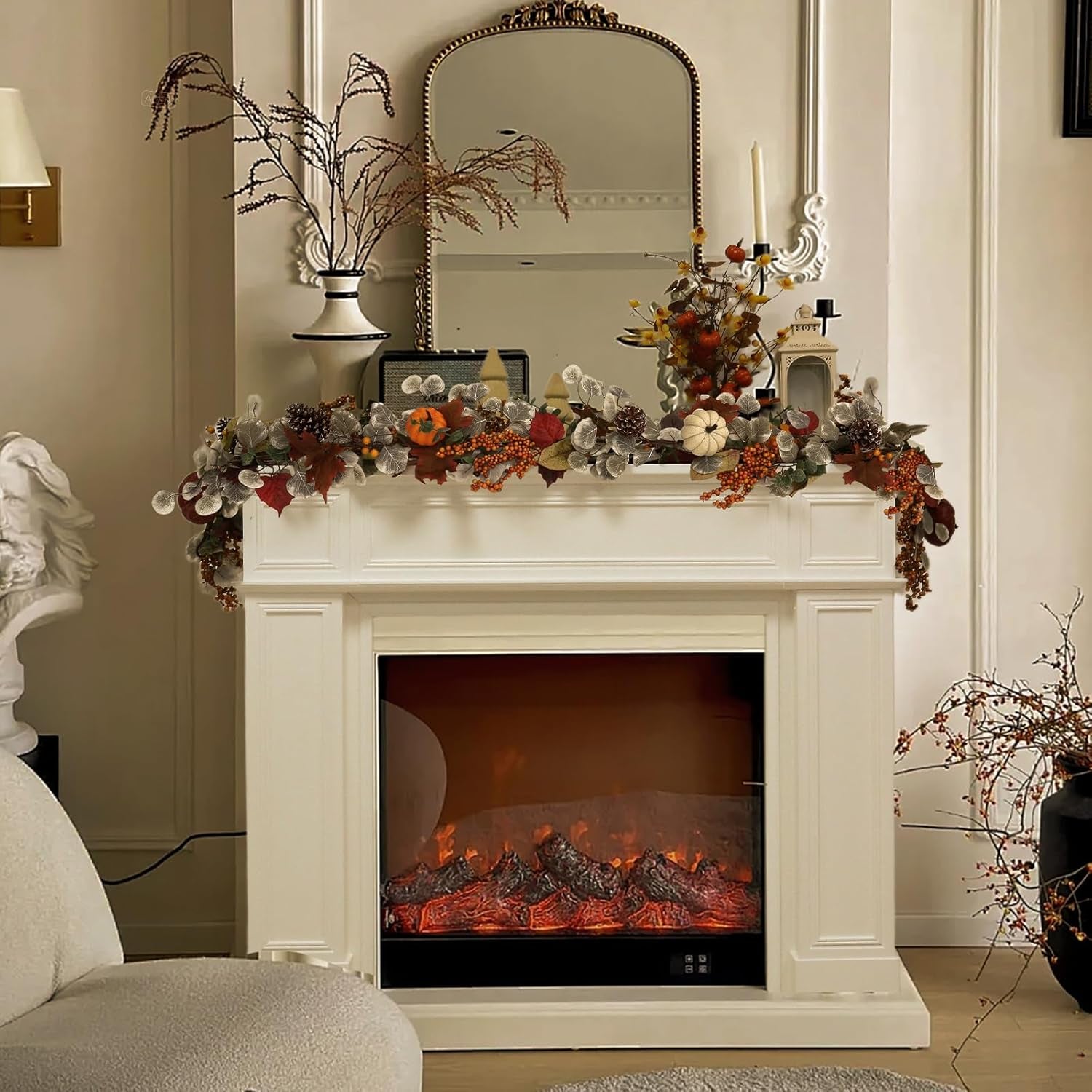 Fall Leaves Garland for Mantle, 6Ft Greenery Leaf Garland with Pumpkins and Fall Eucalyptus for Table,Mantle,Fireplace,Autumn and Thanksgiving Decor