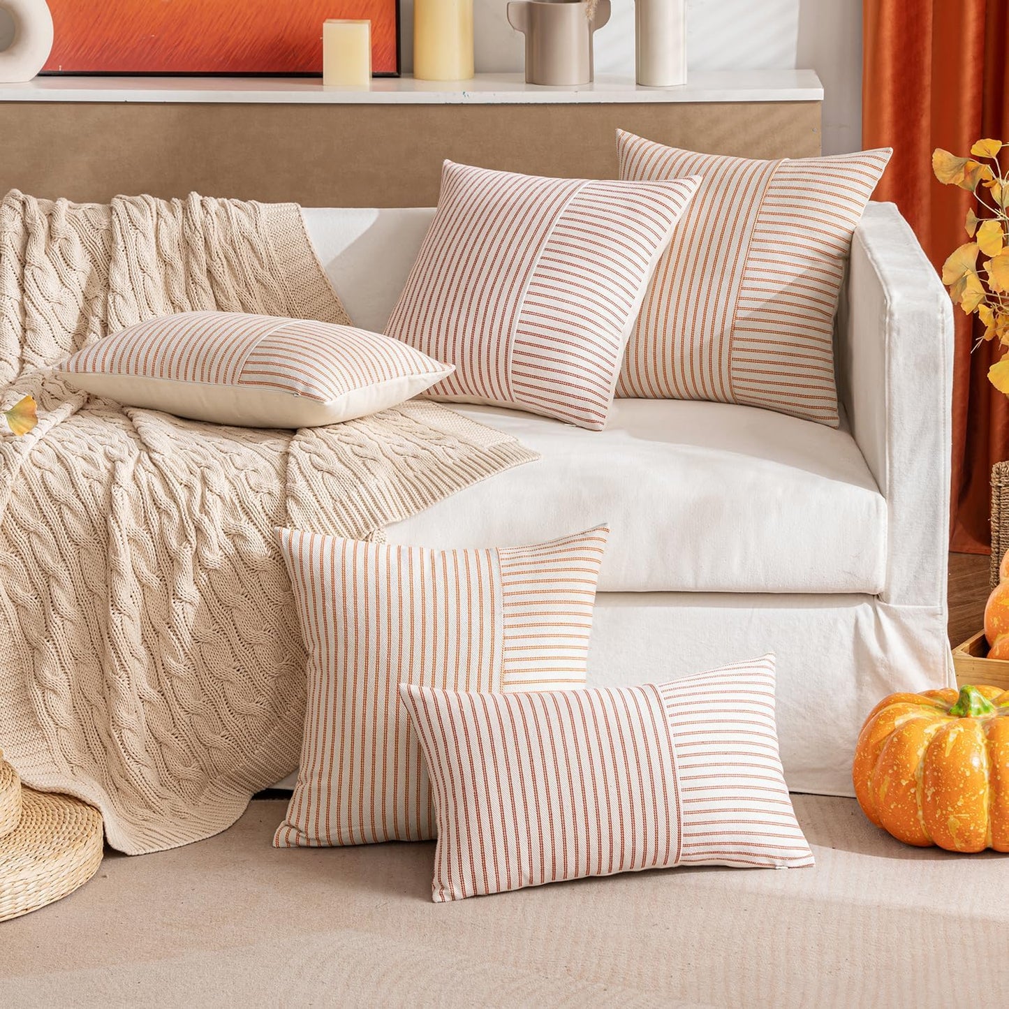 Fall Rust and Beige Patchwork Farmhouse Pillow Covers 18X18 Inch, Pack of 2 Striped Linen Decorative Modern Accent Pillow Cases for Sofa Couch Bedroom