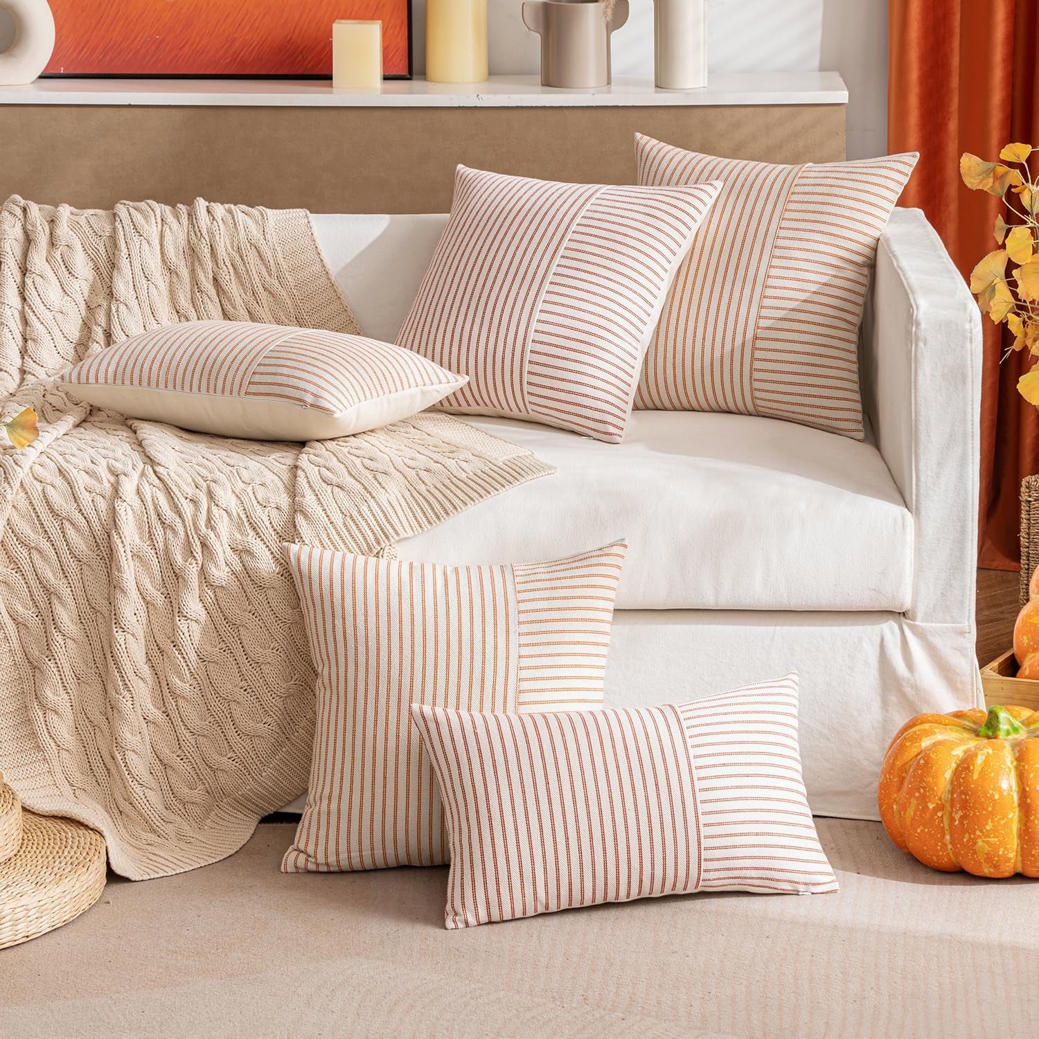 Fall Rust and Beige Patchwork Farmhouse Pillow Covers 18X18 Inch, Pack of 2 Striped Linen Decorative Modern Accent Pillow Cases for Sofa Couch Bedroom