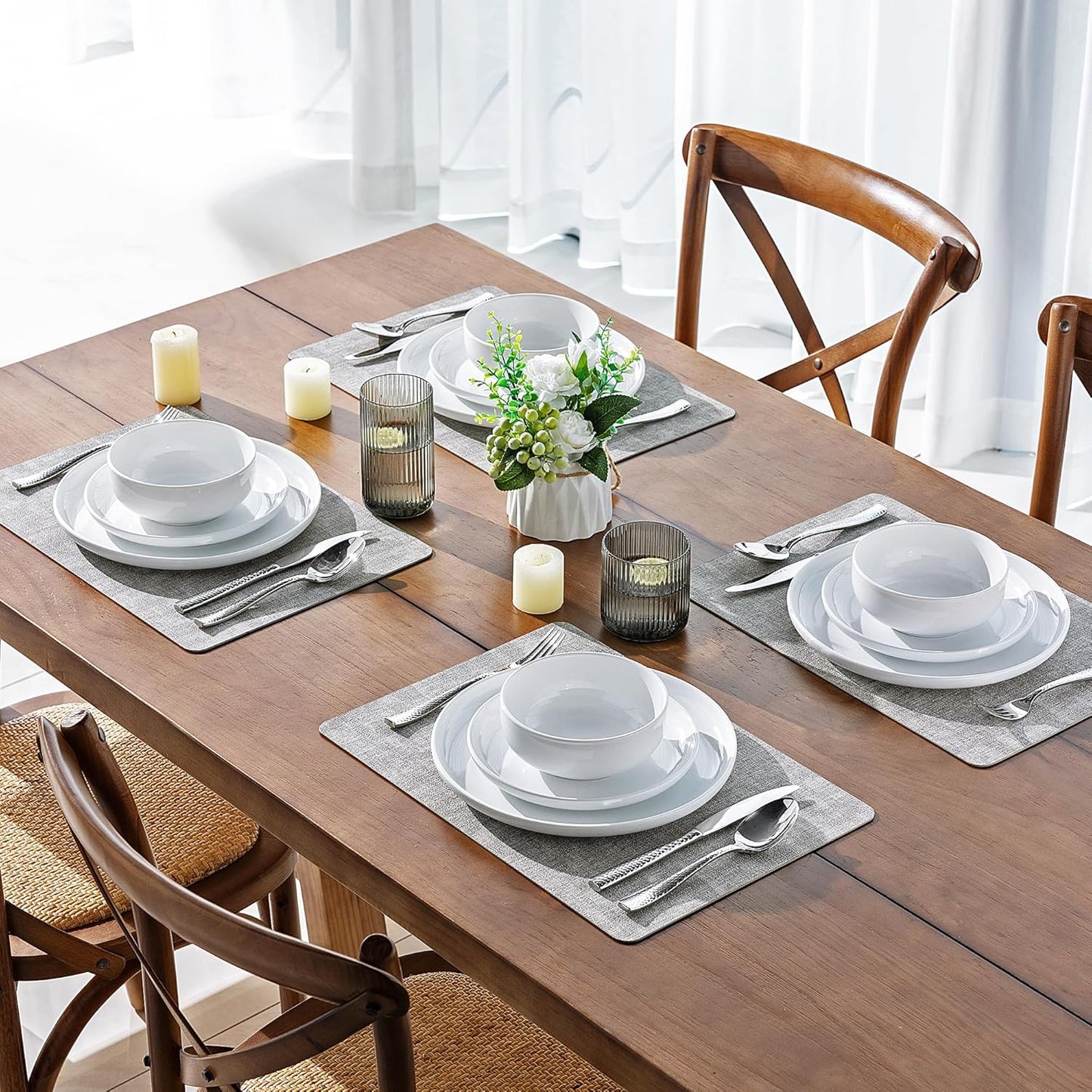 12-Piece Ceramic Dinnerware Set, Stoneware Plates and Bowls, Dishwasher and Microwave Safe, Service for 4 - White