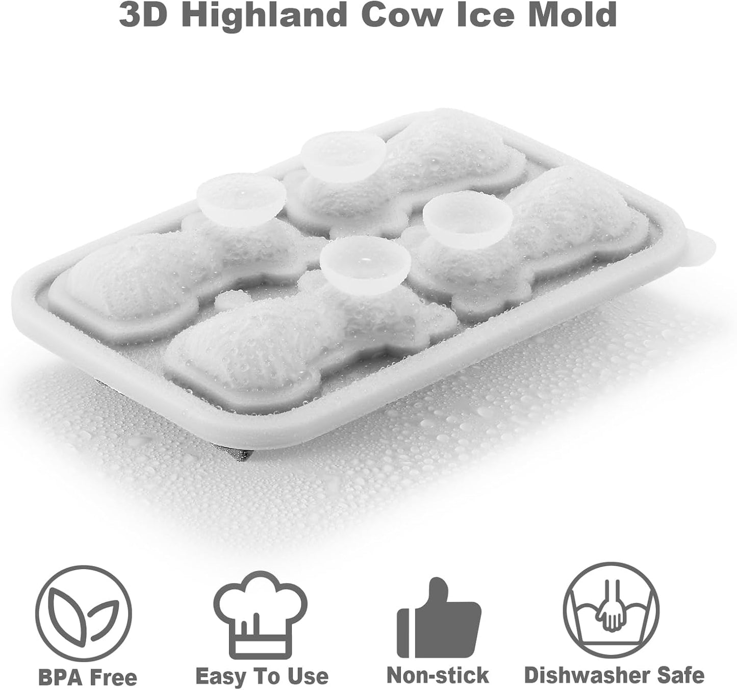 3D Highland Cow Ice Cube Tray, Large Silicone Fun Shapes Ice Cube Mold for Whiskey,Cocktails, Bourbon, Cute Highland Cow Gifts for Holiday Stocking Stuffers