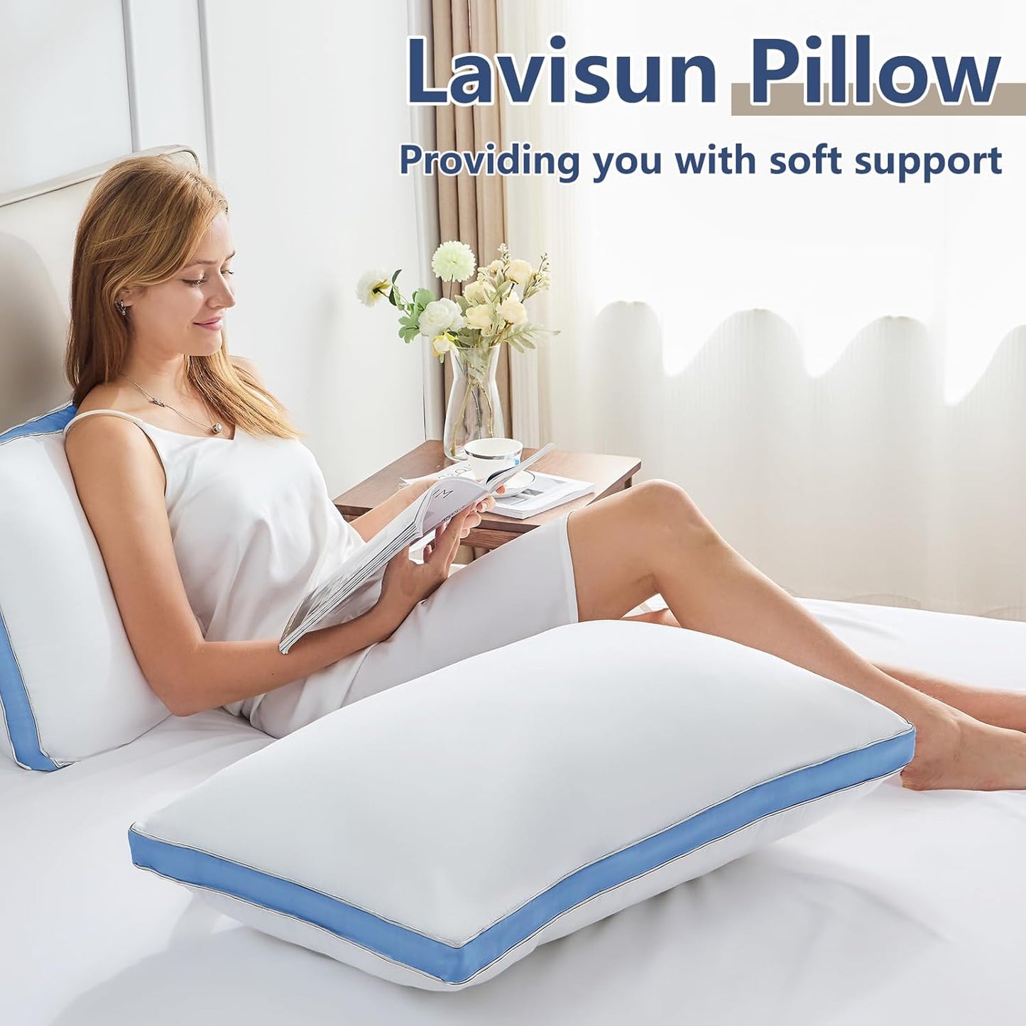 Pillows Queen Size Set of 2, Soft and Supportive 3D down Alternative Bed Pillow for Sleeping 2 Pack Blue, Luxury Hotel Quality Gusseted Bedding Pillow for Back, Stomach or Side Sleepers 18X28