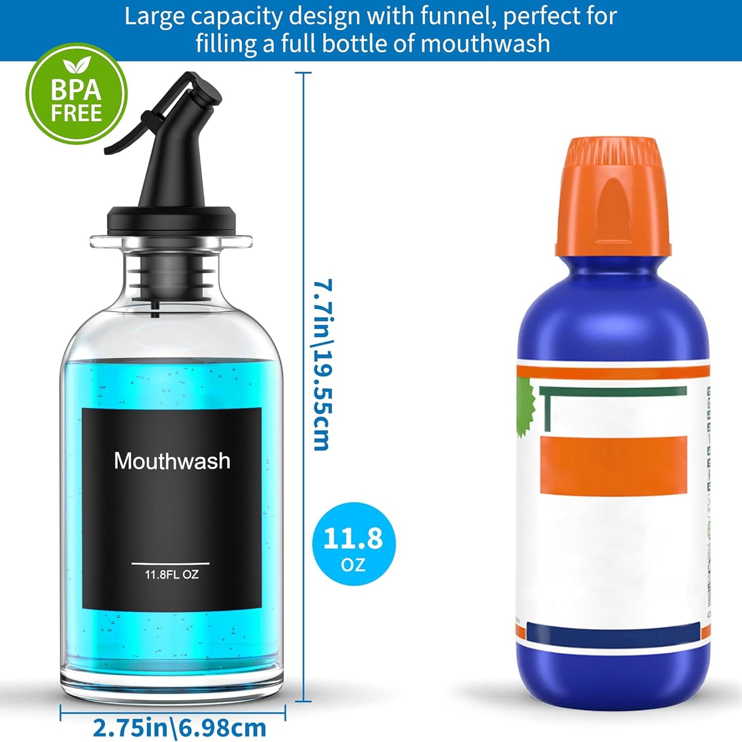 Bathroom Glass Mouthwash Dispenser with Cup,Black Toothbrush Holder Set Stainless Steel with 11.8OZ Clear Nozzle Mouth Wash Dispenser Diatomite Tray,Decor Accessories