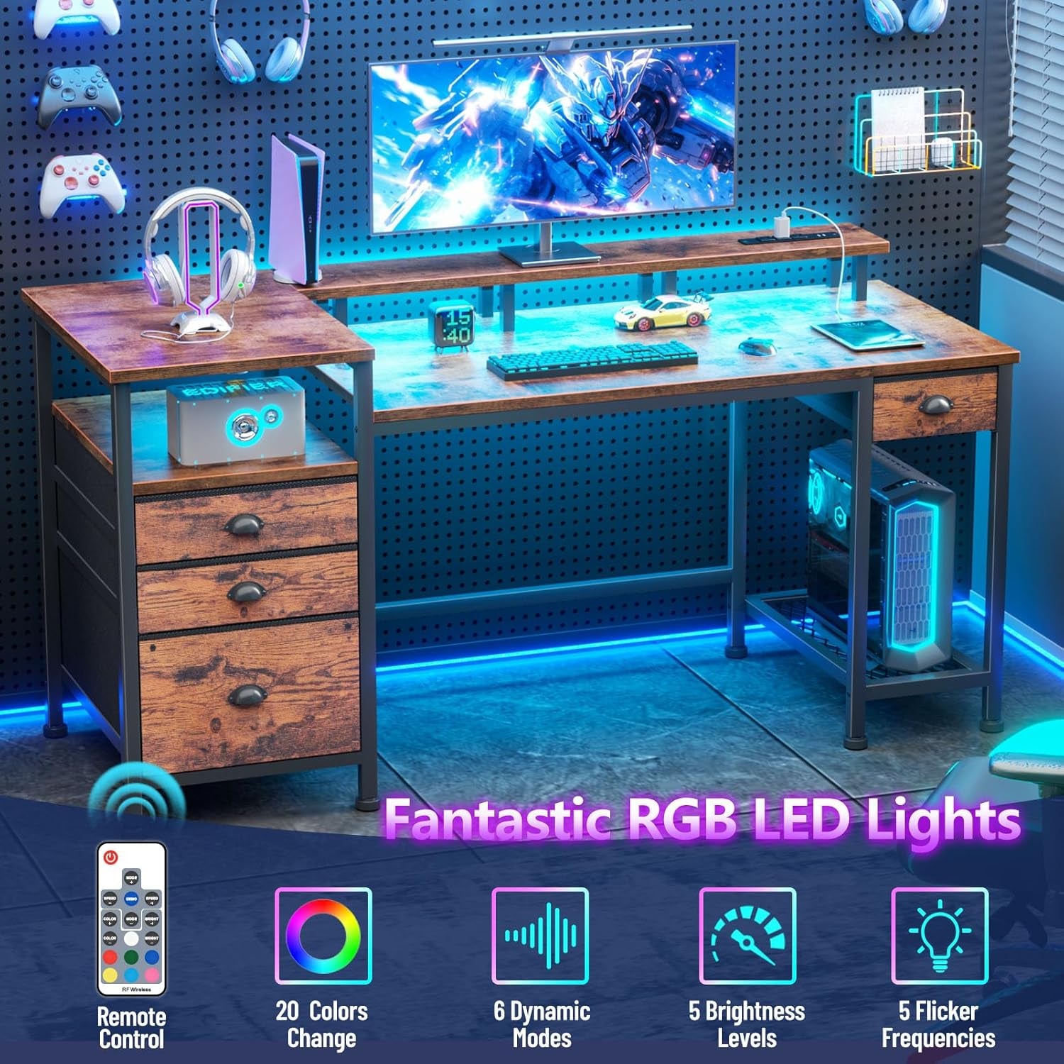 60" Computer Desk with 4 Drawers and Printer Space, Gaming Desk with LED Lights and USB Power Outlets, Office Desk with Fabric File Cabinet, Work Table with Shelf for Bedroom, Rustic Brown