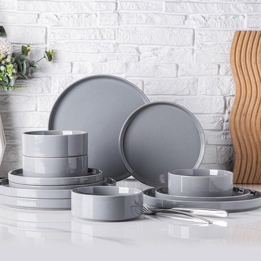 12-Piece Speckled Dinnerware Set for 4, Chip and Scratch Resistant Stoneware Plates and Bowls with Glazed Bottom, Dishwasher and Microwave Safe (Limestone)