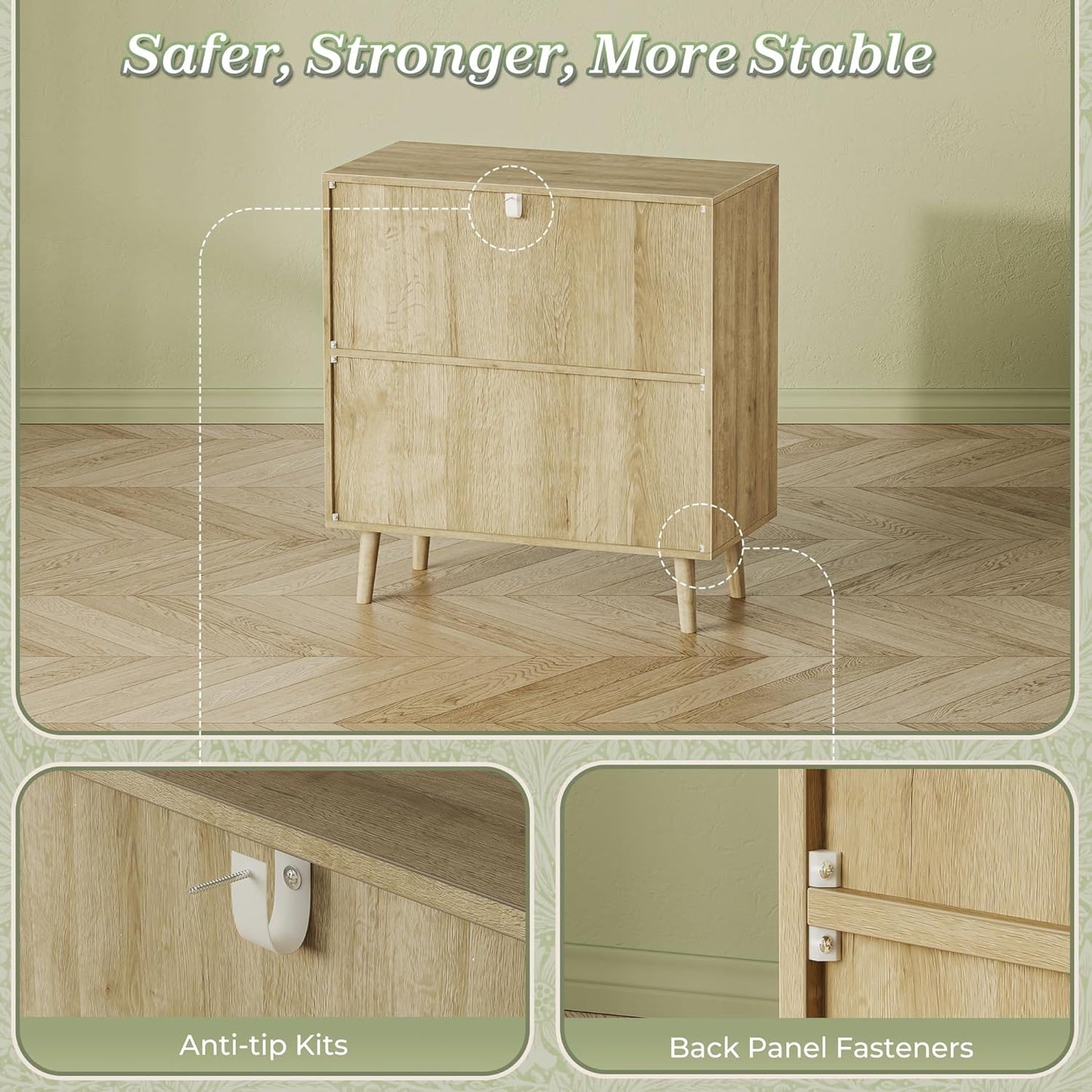 Buffet Cabinet with Storage and PE Rattan Decor Doors, Accent Sideboard with Solid Wood Legs for Hallway, Entryway, and Living Room in Natural Finish