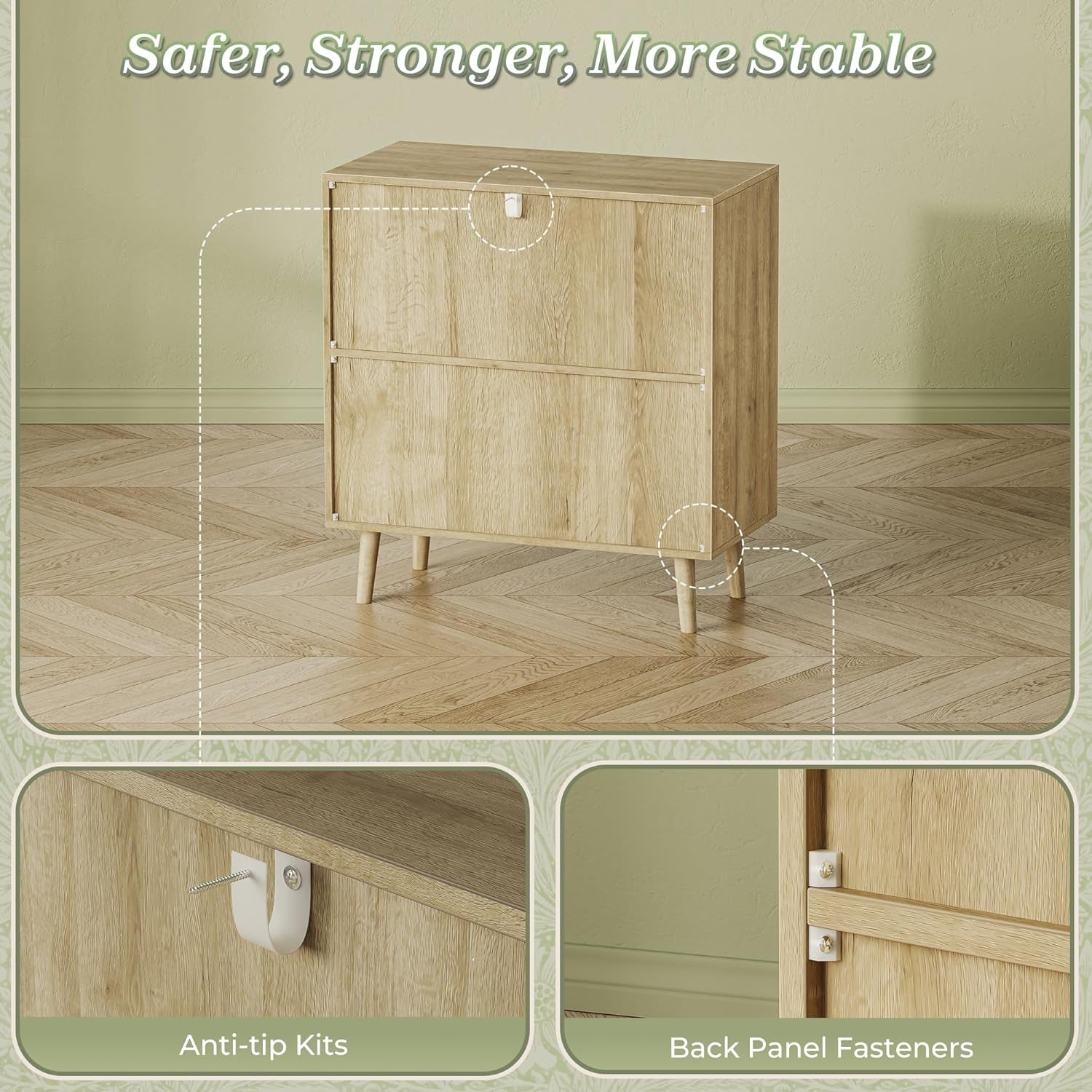 Buffet Cabinet with Storage and PE Rattan Decor Doors, Accent Sideboard with Solid Wood Legs for Hallway, Entryway, and Living Room in Natural Finish