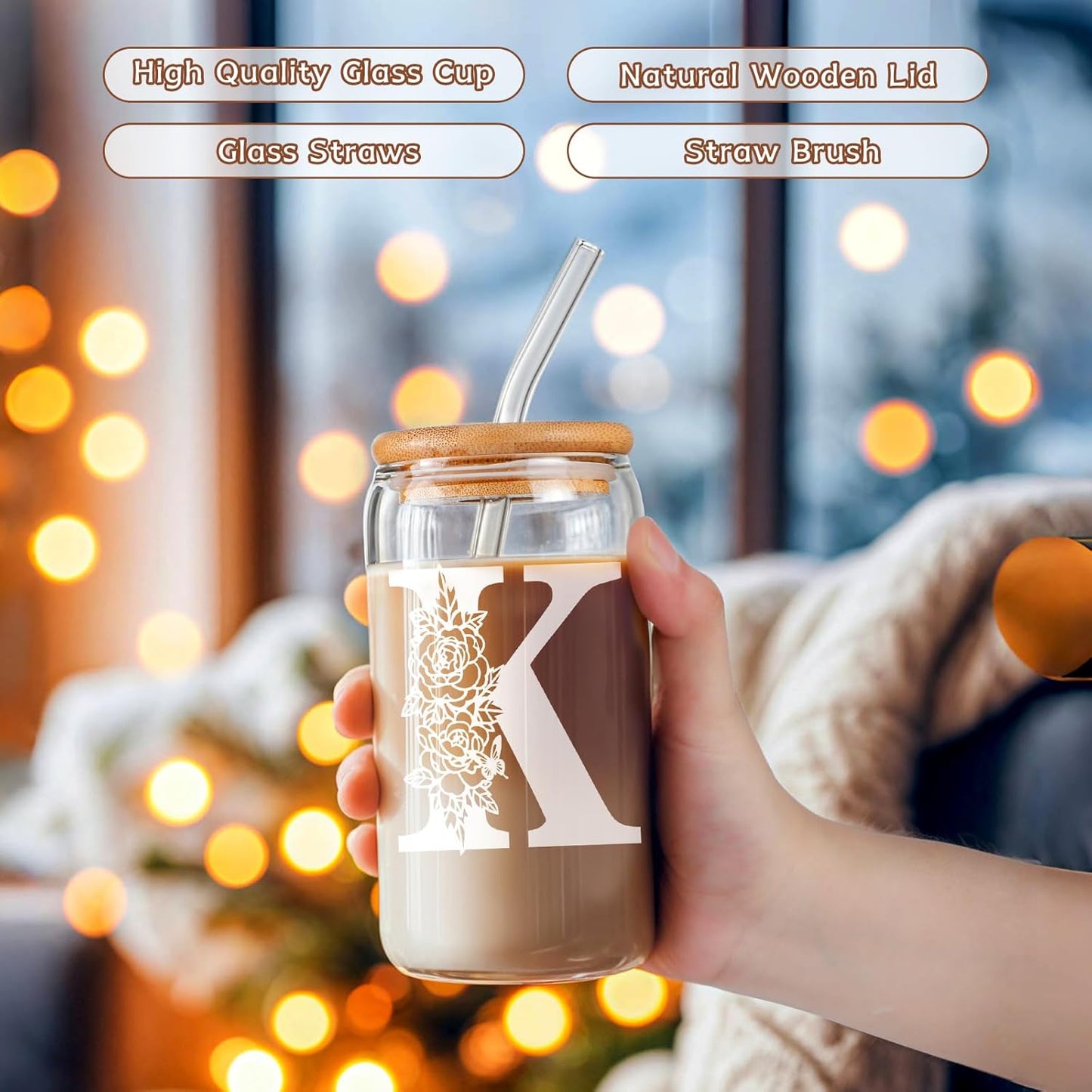 Gifts for Holidays,Birthday Gifts for Women,Personalized Initial Glass Cup as Iced Coffee Cups,Aesthetic Smoothie Cup Cute Beer Tumbler,16 Oz Glass Cups with Lids and Straws-K(1Psc)