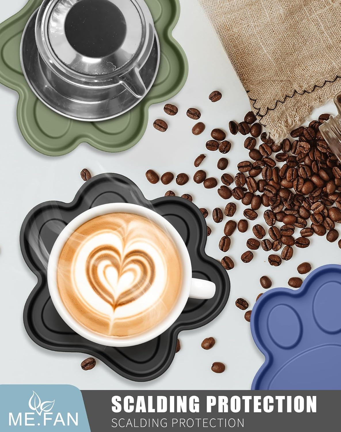 Silicone Coasters 6 Pack Paw Cup Mat with Holder, Dog Cat Paw Shape, for Hot or Cold Drink, Non-Slip, Non-Stick, Room Decor, Housewarming Black