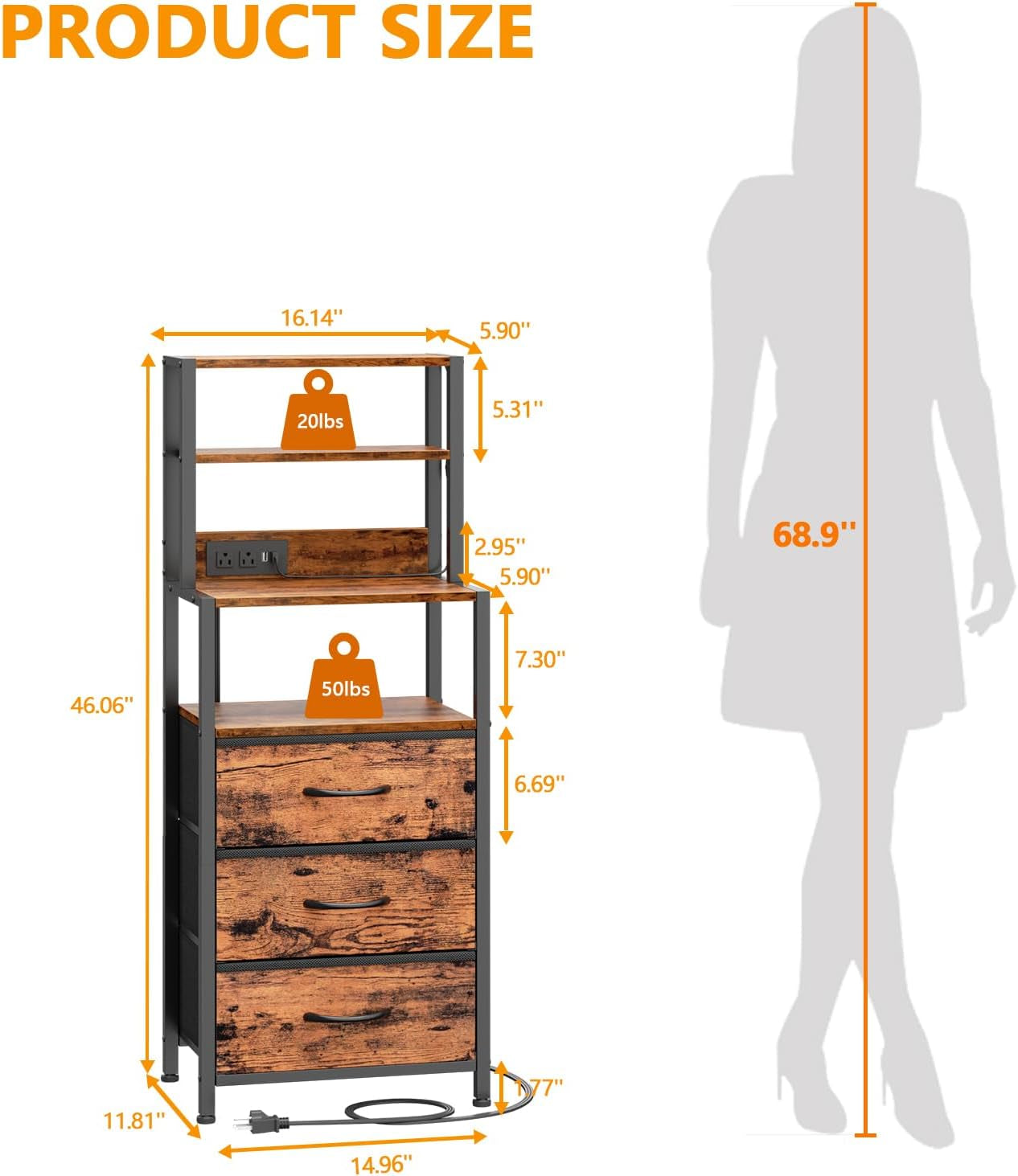 Tall Nightstand with 4-Tier Shelves, 3 Fabric Drawers, LED Charging Station, Rustic Brown Bedside Table for Bedroom, Hallway, and Office