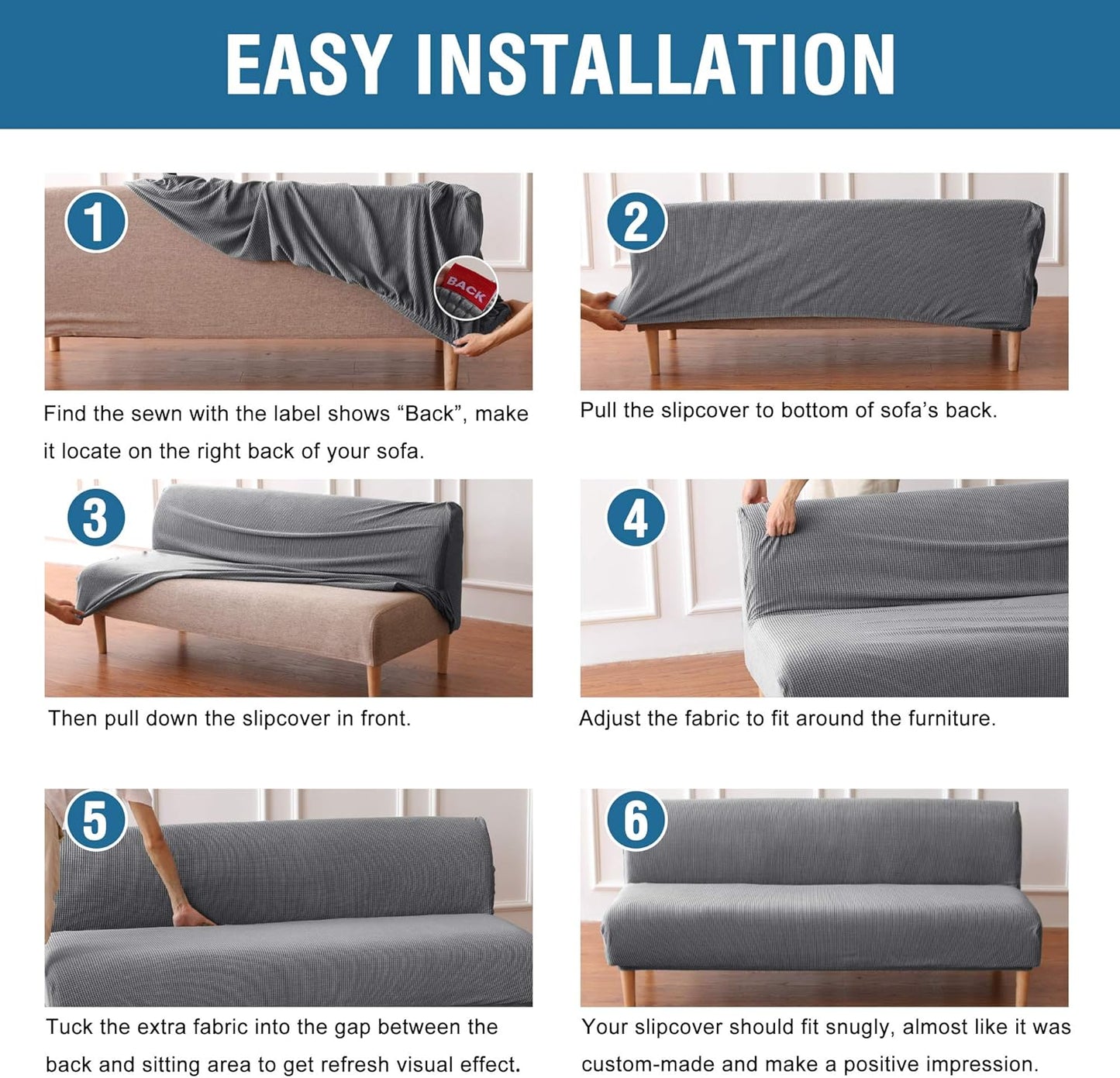Armless Futon Cover Stretch Sofa Bed Slipcover Protector Elastic Feature Rich Textured High Spandex Small Checks Jacquard Fabric Futon Cover, Machine Washable, Gray