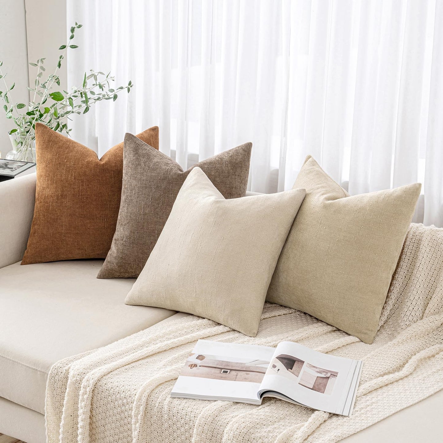 Set of 2 Soft Chenille Decorative Throw Pillow Covers, Solid Textured Cushions for Couch, Sofa, and Bedroom, 20x20 Inches, Beige