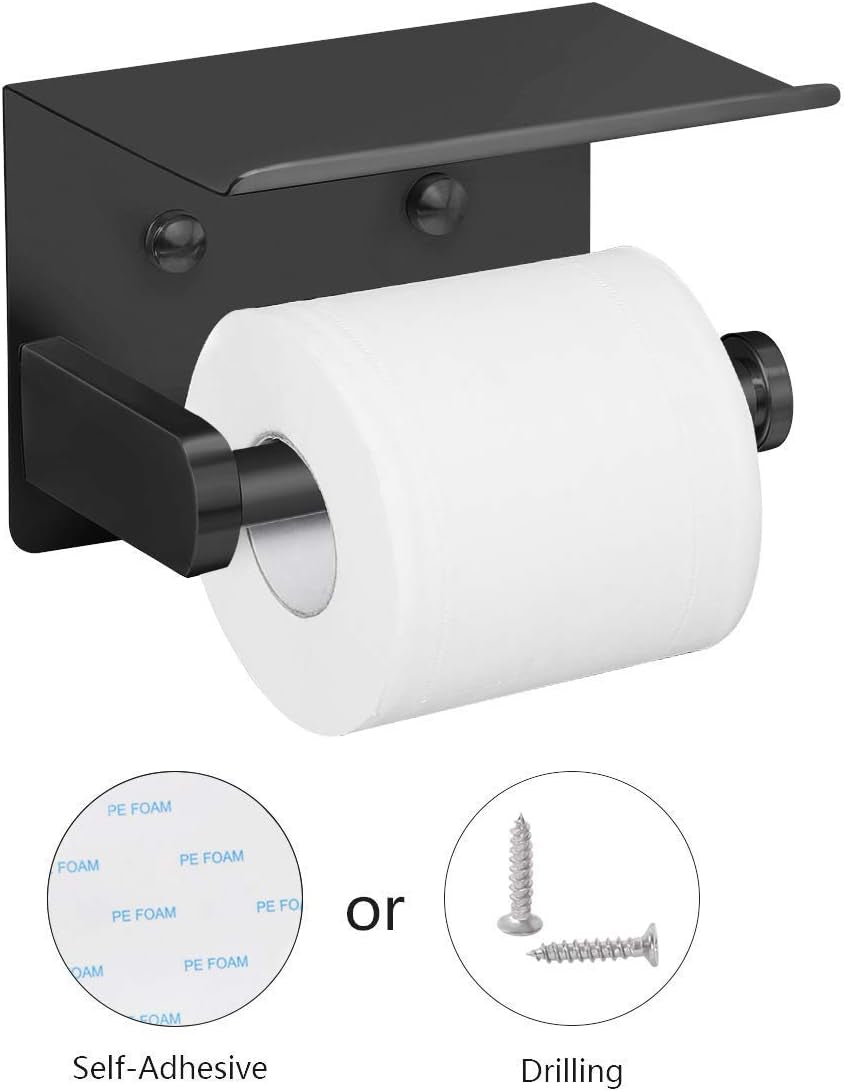 Self Adhesive Toilet Paper Holder with Phone Shelf Stainless Steel Wall Mounted Toilet Paper Roll Holder - Rustproof and Bathroom Washroom Tissue Roll Holder with Shelf - Black