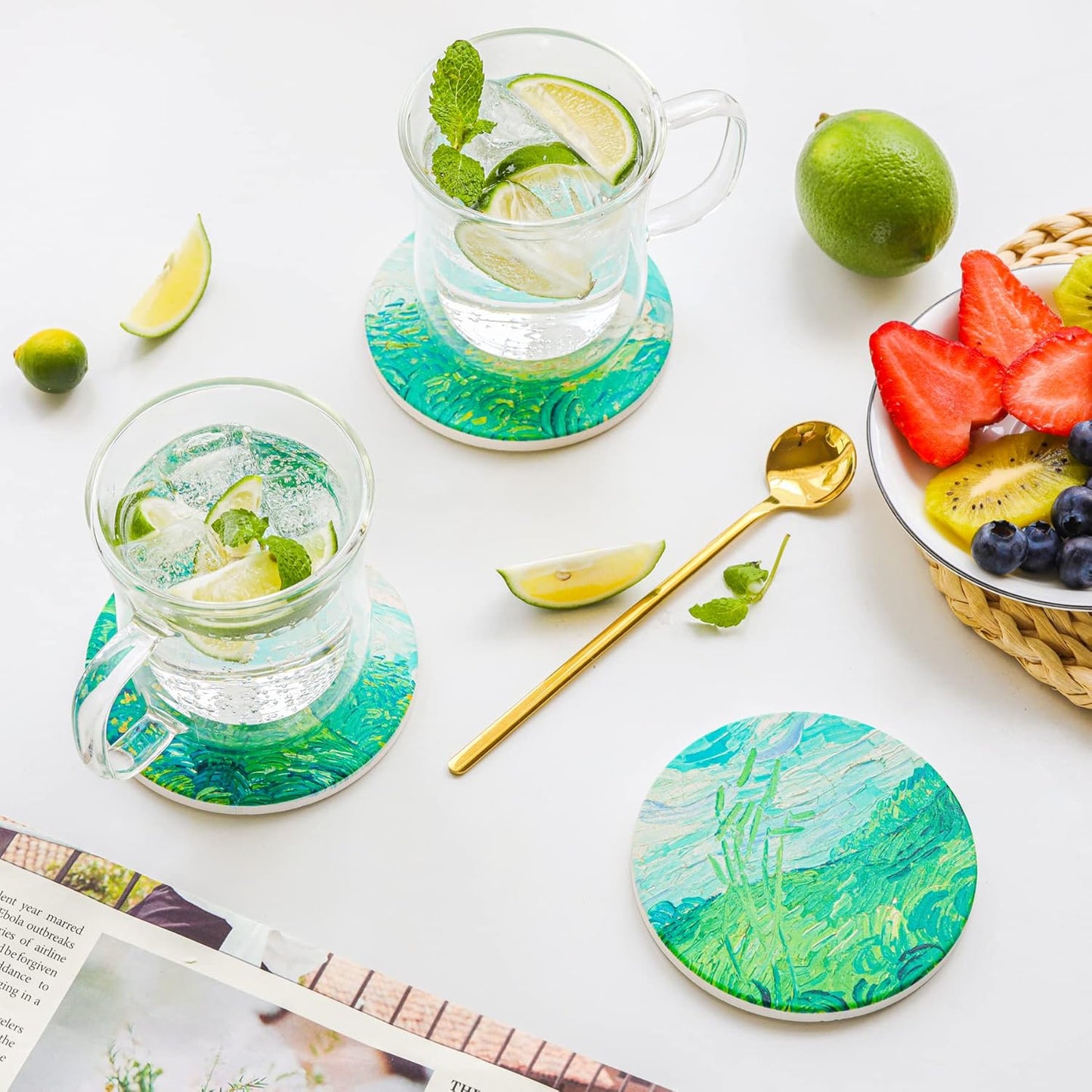 Drink Coasters with Holder, Coasters for Drinks-Set of 6, Van Gogh Paintings Art Ceramic Coasters for Coffee Table Gifts Home Decor, Green, 4 Inches, 10CM