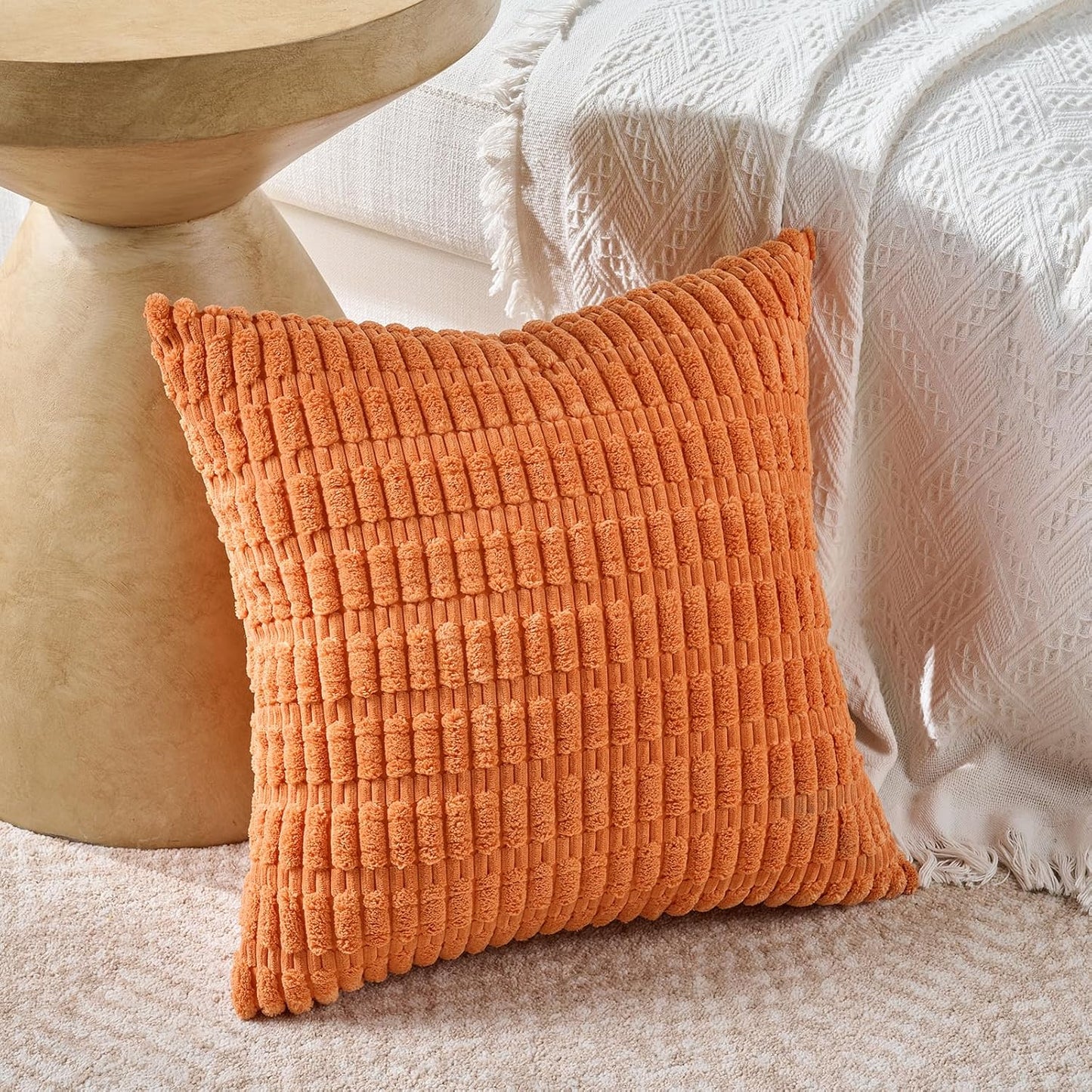 Set of 4 Burnt Orange Fall Decorative Throw Pillow Covers 18X18 Inch for Couch Bed Chair, Modern Farmhouse Boho Room Decor, Soft Fuzzy Corduroy Textured Striped Cushion Case 45Cm
