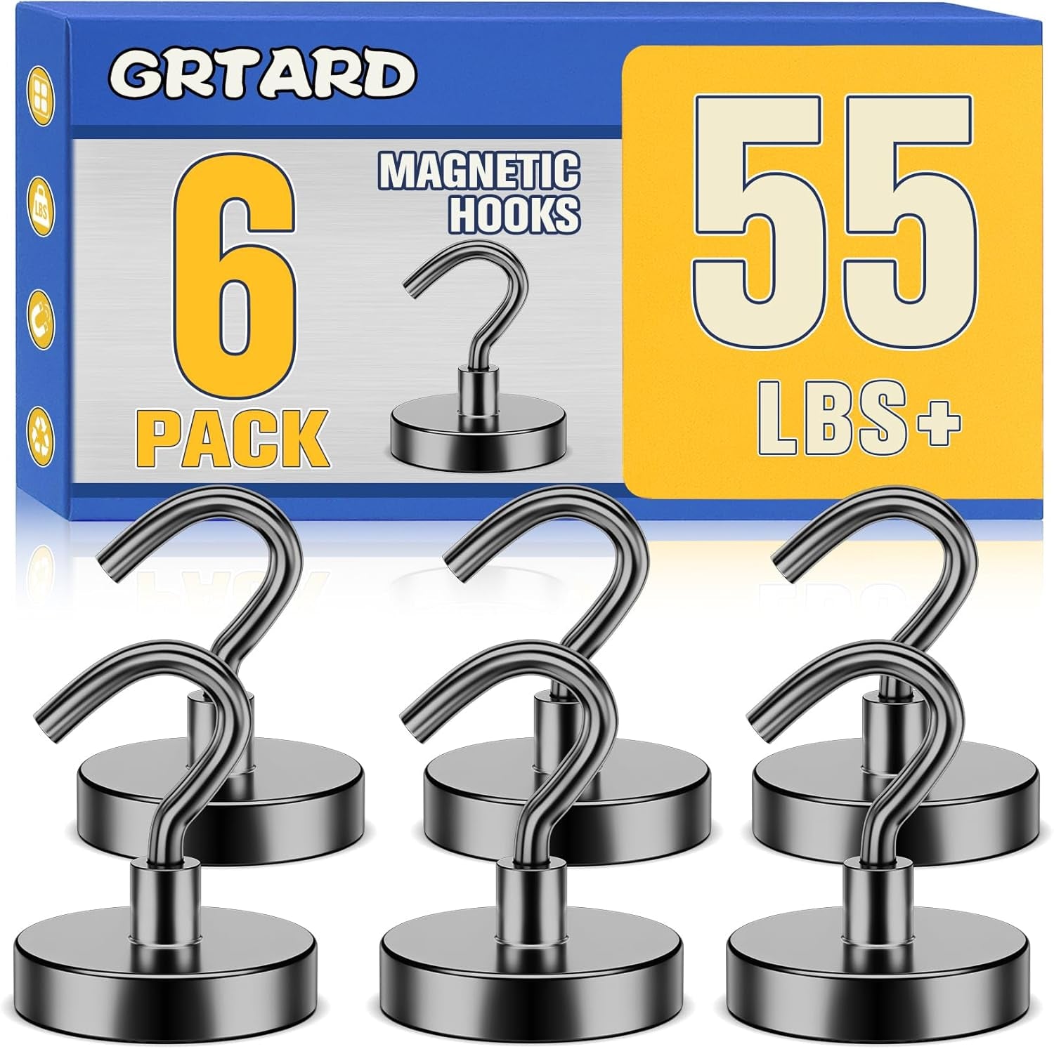 55 LBS Black Magnetic Hooks Heavy Duty, 6 Packneodymium Magnet Hooks for Cruise Cabin, Strong Magnetic Hooks for Hanging, Magnets with Hooks for Home, Kitchen, Workplace, Bathroom