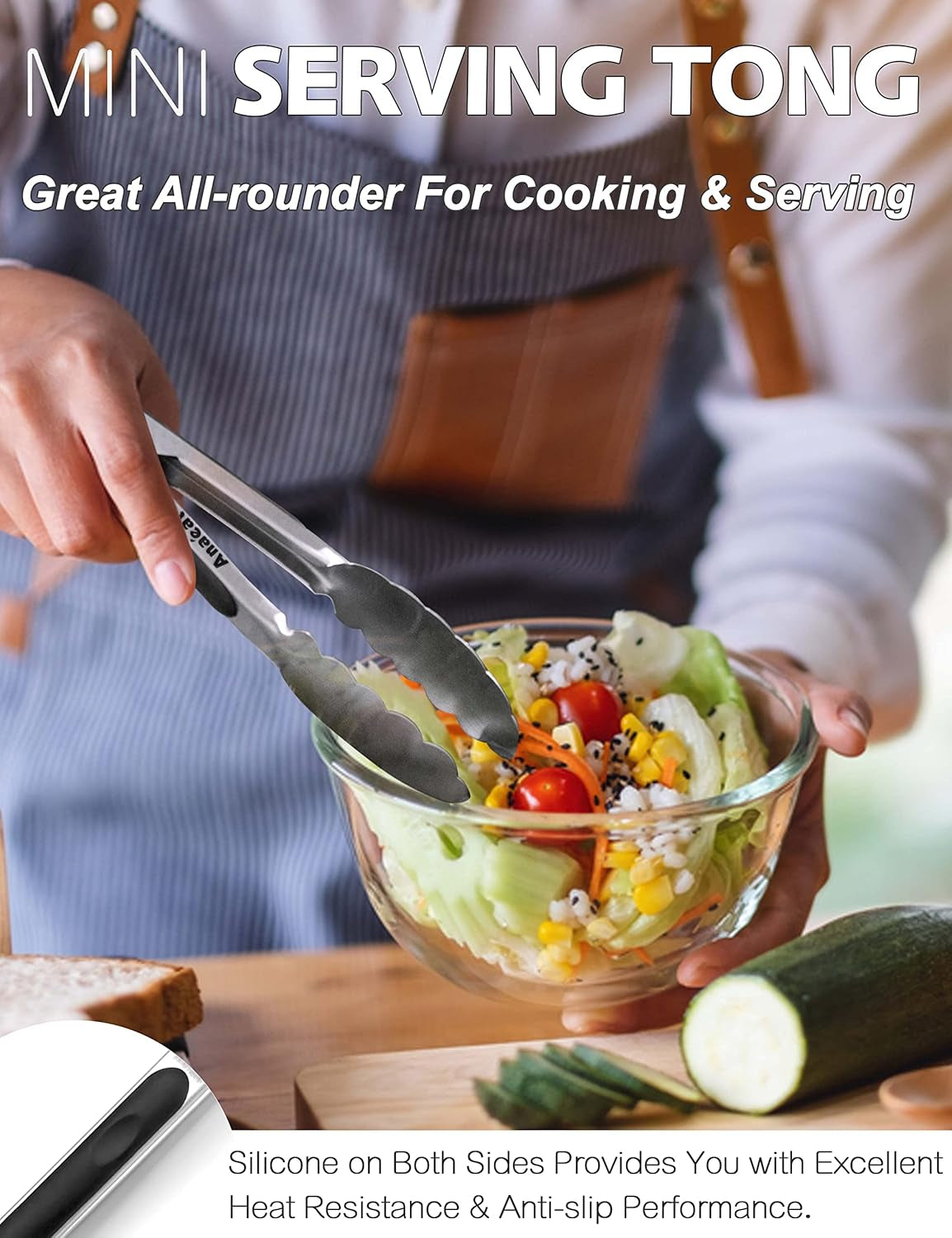 7" Mini Cooking Tong Stainless Steel - Sturdy Coiled Spring Locking Kitchen Food Tong with Non-Slip Silicone Grip for Serving, Cooking, Baking - Heat Resistant up to 480°F (Black)