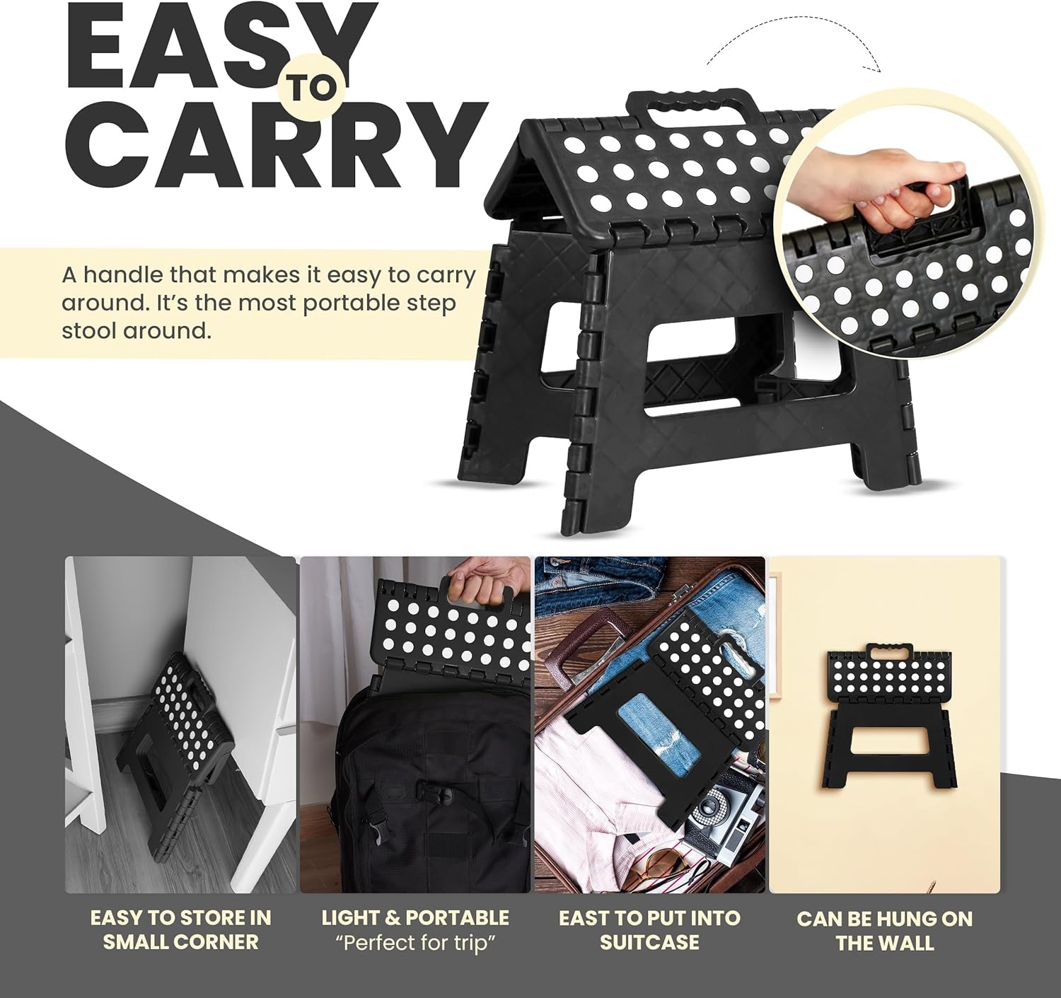 Folding Step Stool - (Pack of 1) Foot Stool with 9 Inch Height - Holds up to 300 Lbs - Lightweight Plastic Foldable Step Stool for Kitchen, Bathroom & Living Room (Black)