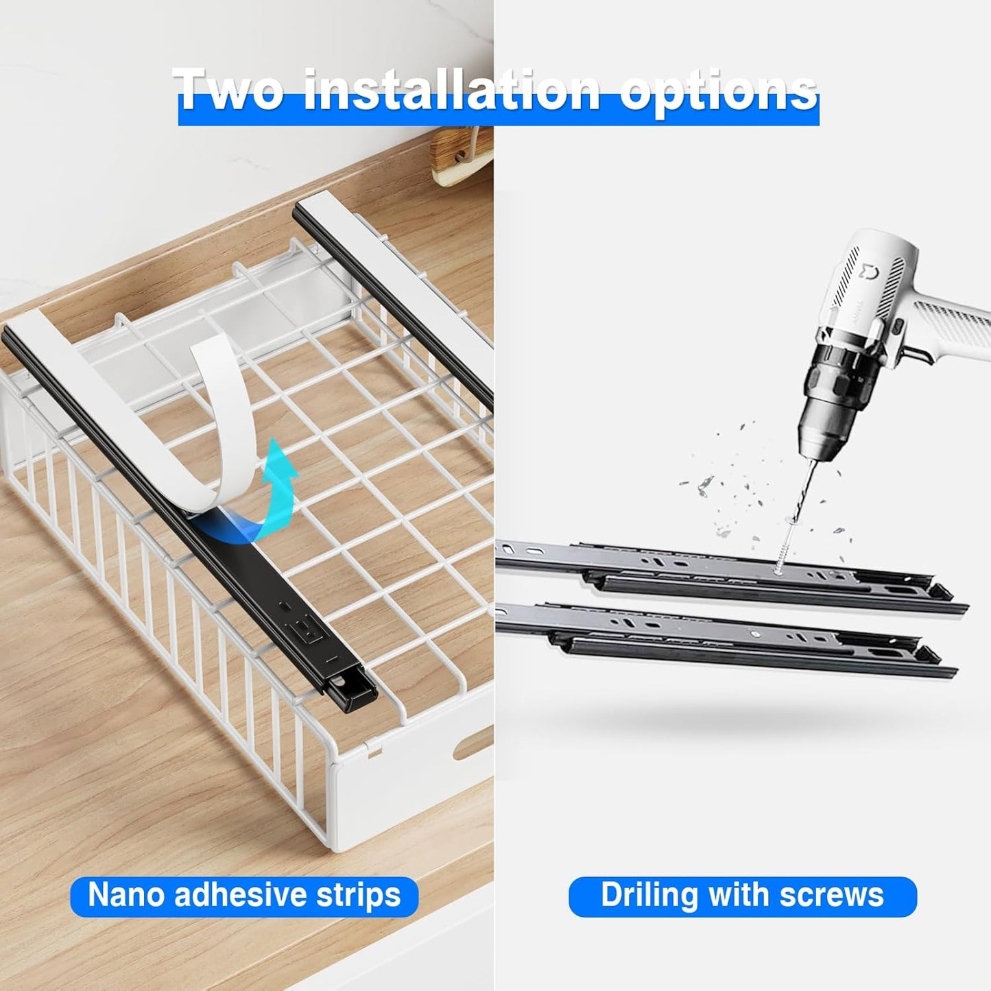 2 Pack Pull Out Cabinet Organizer, Slide Out Cabinet Drawers Peel and Stick Pull Out Drawers Heavy Duty Pull Out Shelf for Kitchen, Cupboard, Pantry, Bathroom (16.5" D*11.8" W*3.94" H-White)
