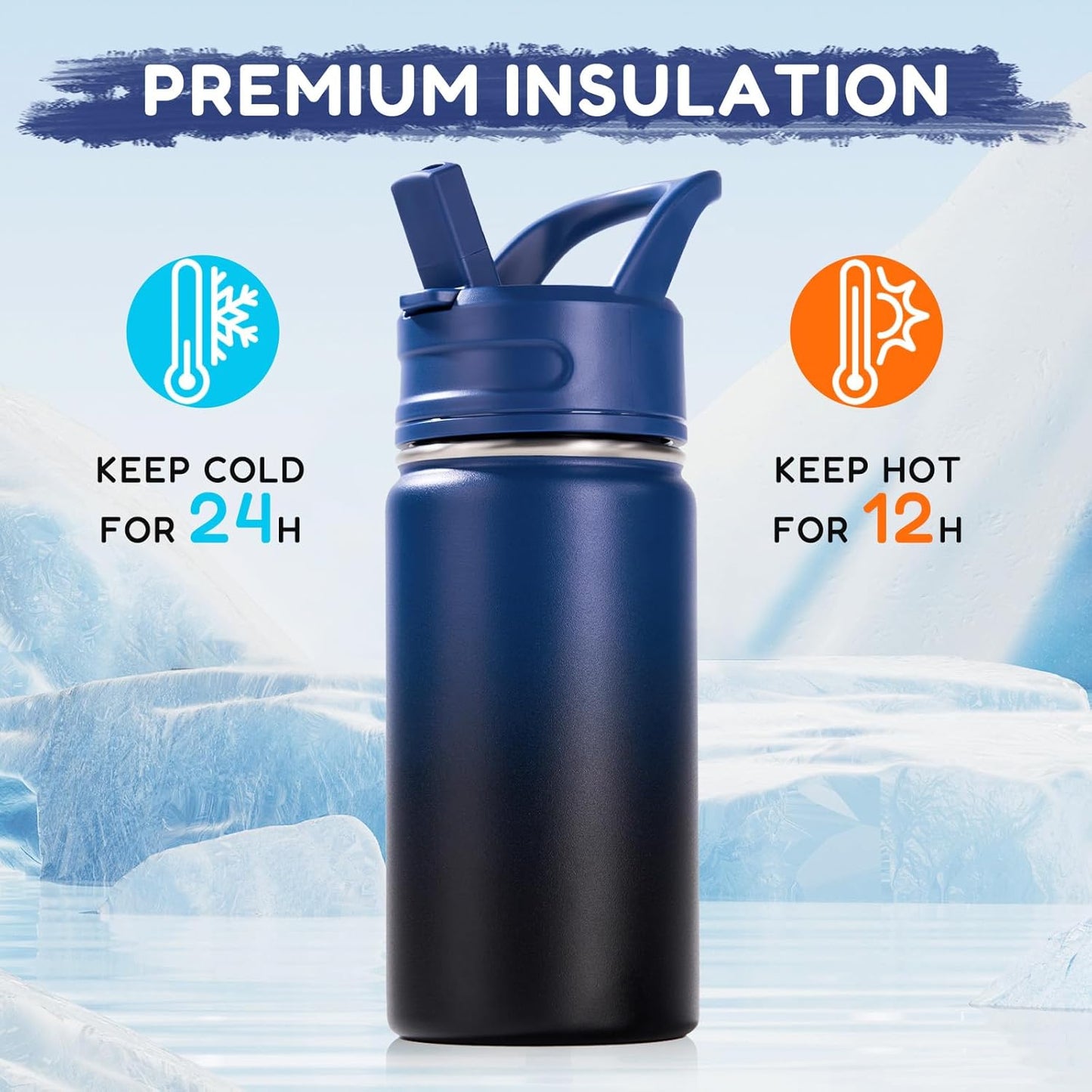 12Oz Kids Water Bottle for School, Toddler Bottles with Straws, Stainless Steel Vacuum Insulated Water Bottle for Boys&Girls, Leak-Proof, Bpa-Free, Blue Black