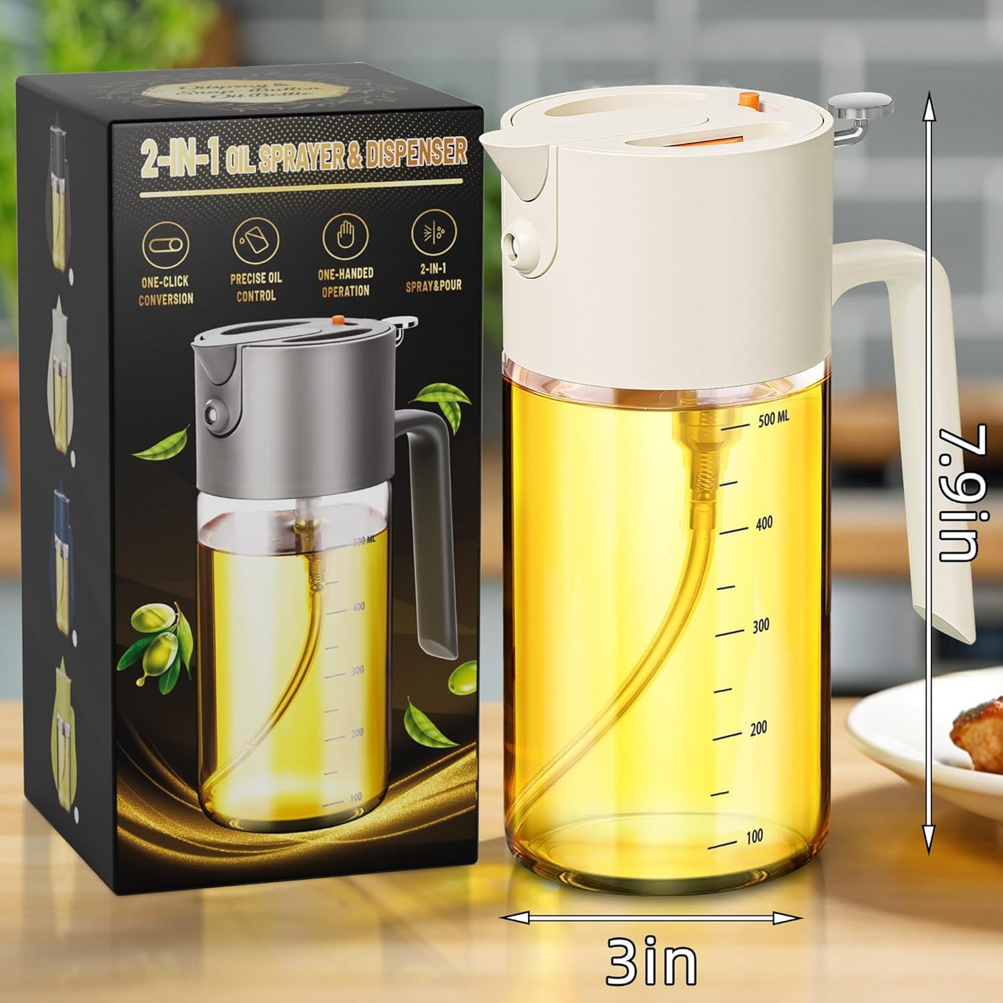 Oil Sprayer for Cooking, 2025 Large Advanced Olive Oil Dispenser Bottle,500Ml/17Oz Glass Olive Oil Sprayer,2 in 1 Even Spray with Portion Control for Kitchen, Air Fryer, Salad, BBQ - White