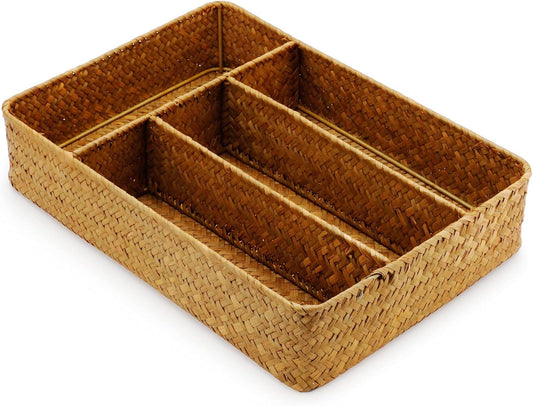 Seagrass Storage Basket with Compartments Utensil Tray for Organization Silverware Flatware Rectangular Shelf Baskets with 4 Sections Natural