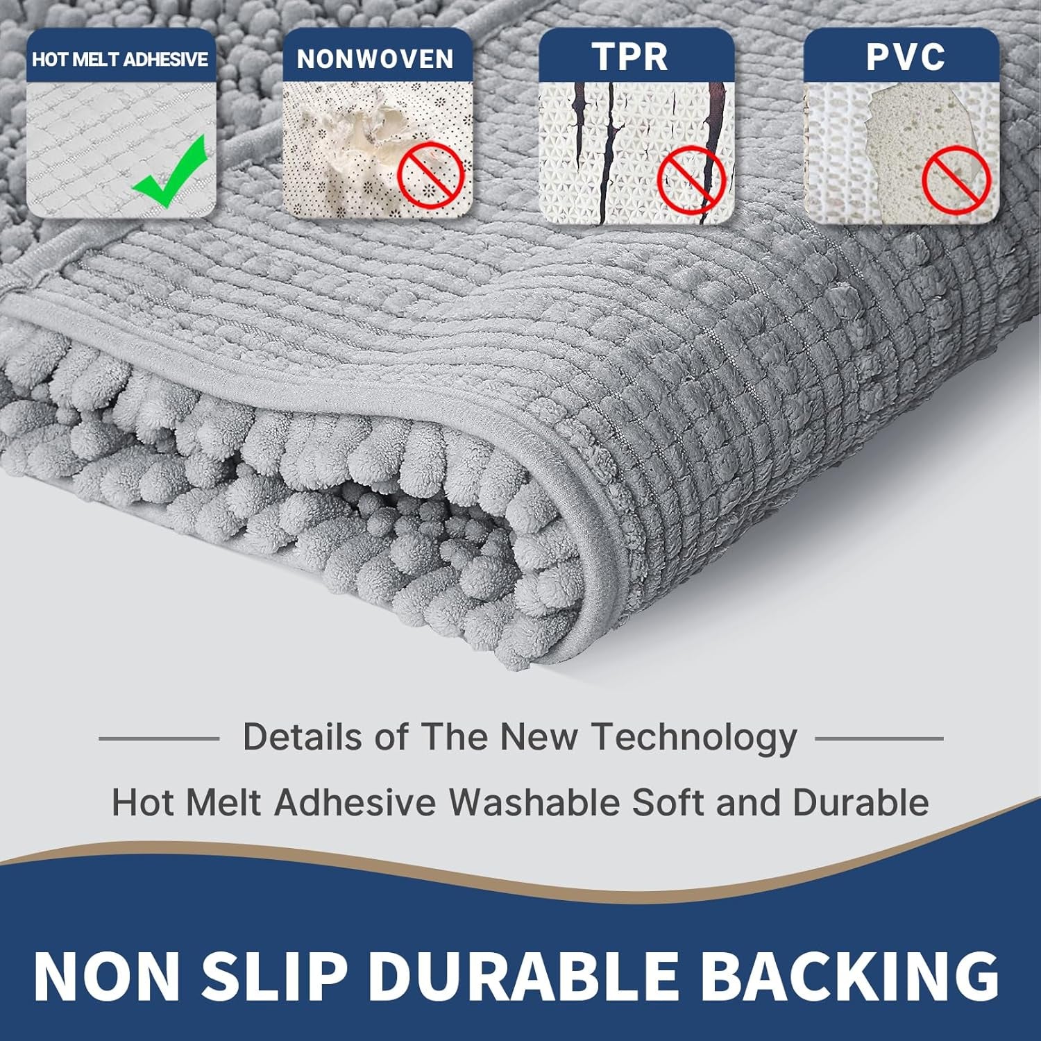 Bathroom Rug Set 3 Piece - Super Absorbent Quick Dry Chenille Bath Mats & Toilet Rug, Non Slip Machine Washable, Extra Thick Shaggy Floor Mat for Shower Tub Sink, Grey