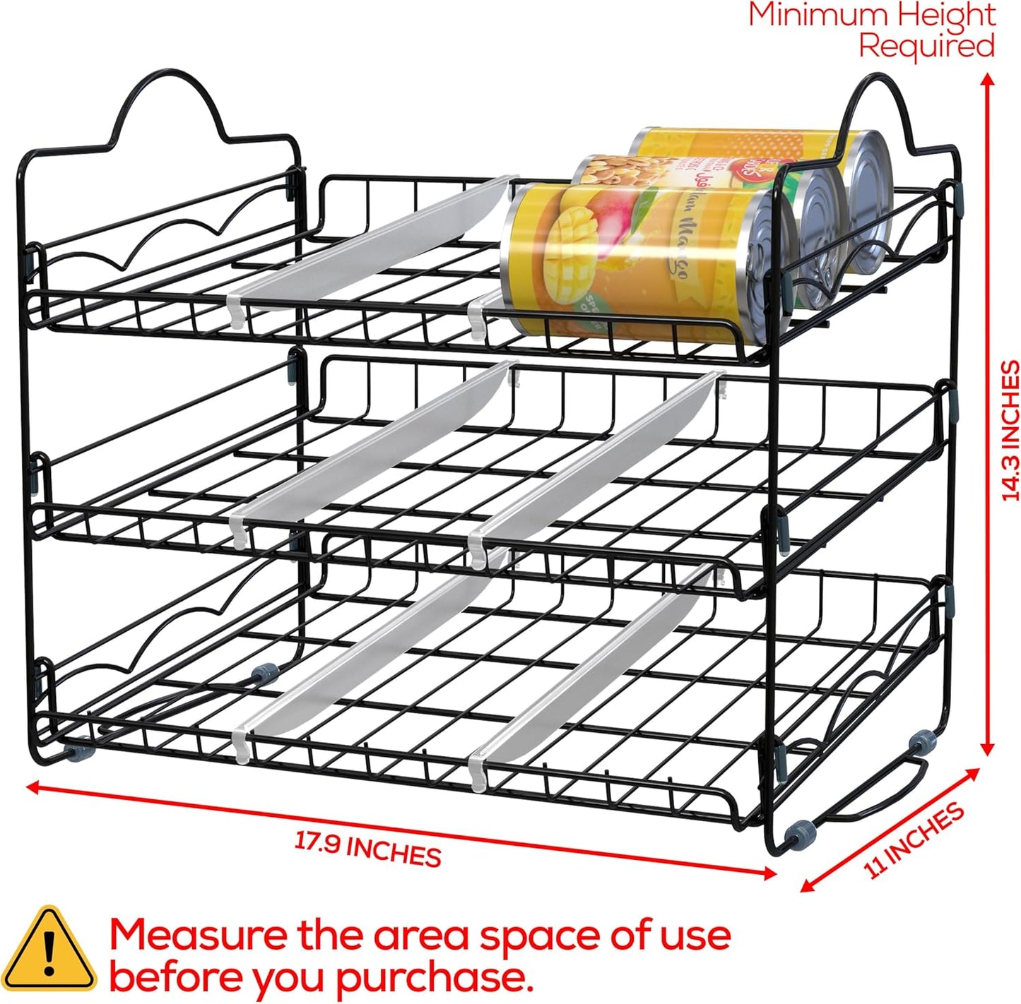 Storage Rack Organizer 16.5 X 12.5 X 13.5 Inch, Stackable, Holds Upto 36 Cans for Kitchen Cabinet or Pantry (Black)