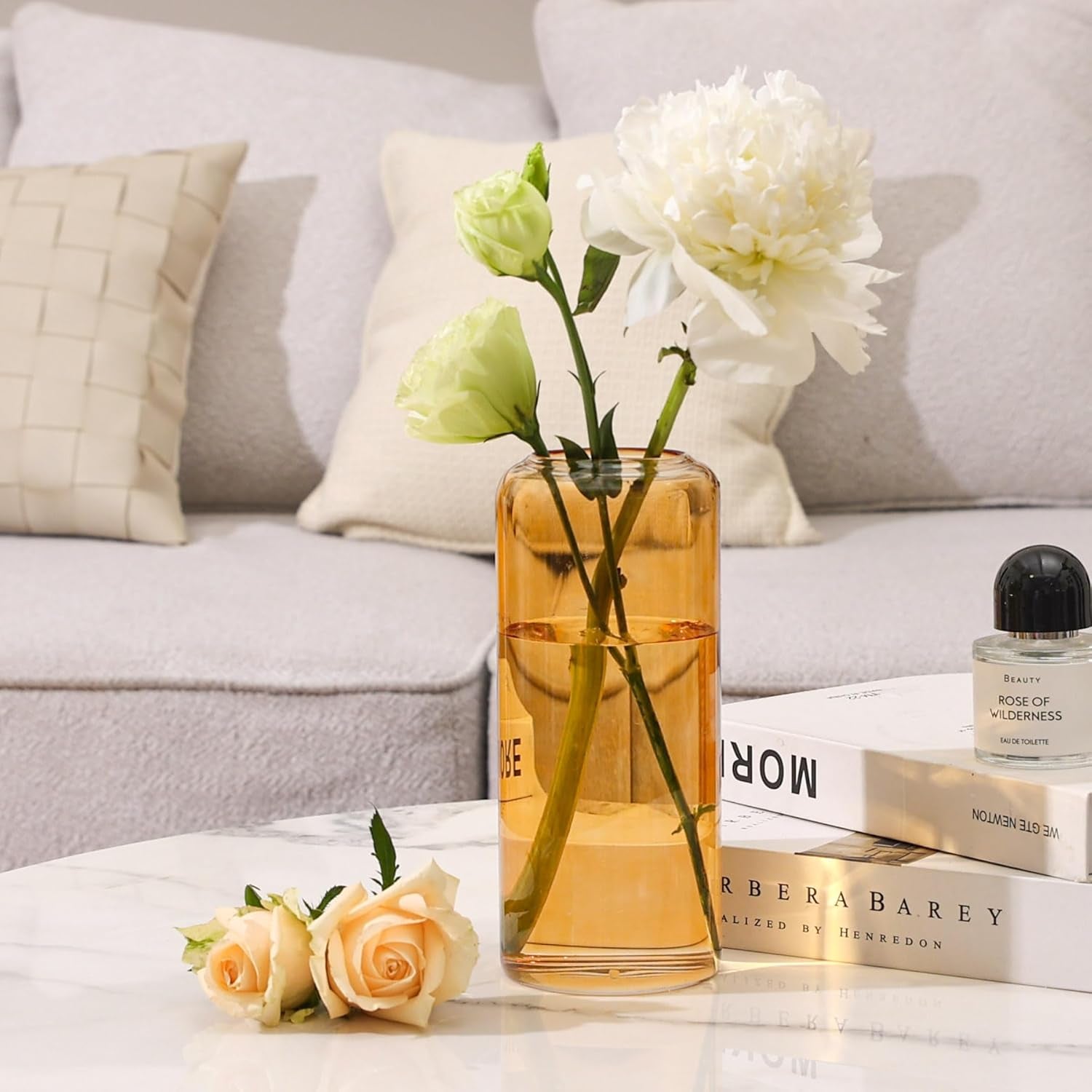 Glass Flower Vase, 8 Inch Tall Bud Vases, Home Decor Vases for Centerpiece for Living Room and Bedroom, Decorative Vases for Wedding, Valentines' Day, Mother'S Day (Amber)