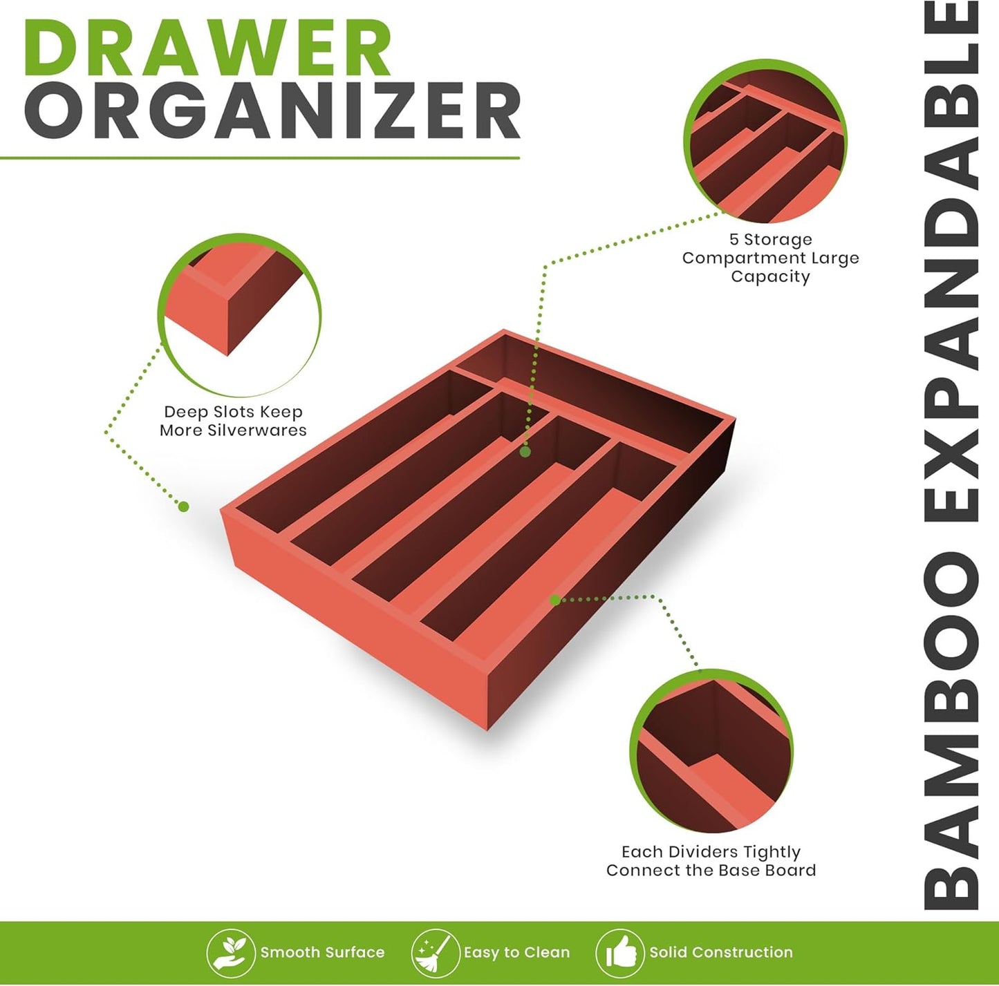 Silverware Organizer, Bamboo Utensil Drawer Organizer for Cutlery, Utensils & Flatware (5 Compartment, Coral) Pack of 1