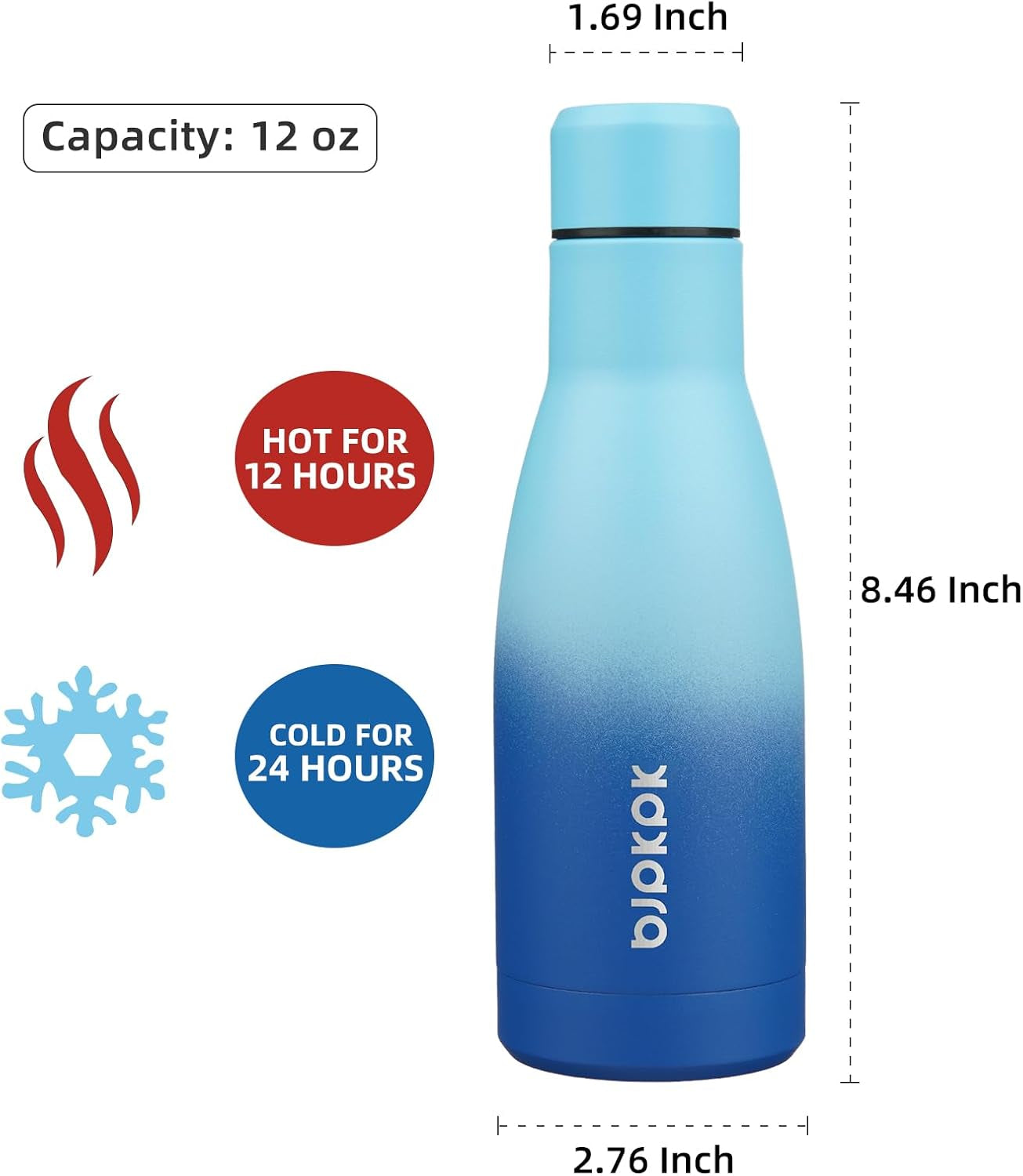 12Oz Water Bottles Stainless Steel Double Wall Vacuum Insulated Small Water Bottles for Travel,Sky