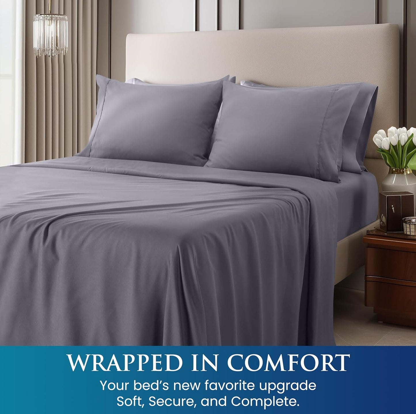 Queen Sheet Set – Brushed Microfiber – Ultra Soft Bed Sheets for Queen Size Bed Set – Deep Pocket, Wrinkle & Fade Resistant – Includes 1 Fitted, 1 Flat, 2 Pillowcases (Grey)